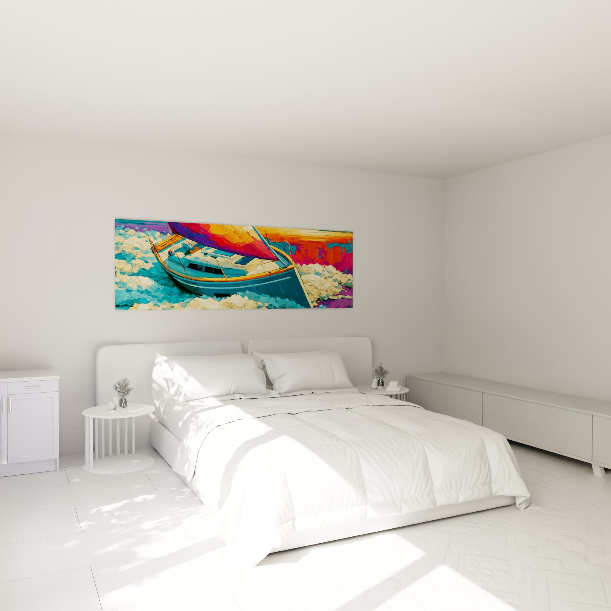 Bateau abstrait aux teintes orange et bleu marine accroché au-dessus d'un lit dans une chambre claire