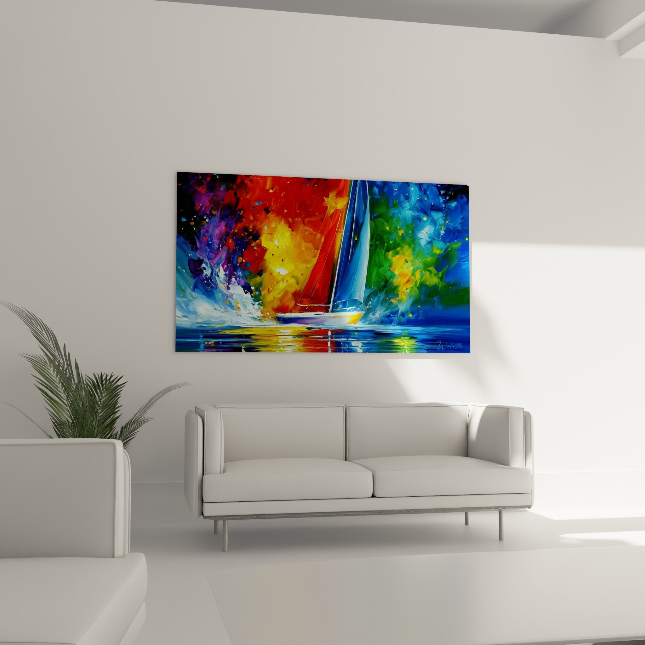 Bateau à voile bleu et orangé traversant une composition violette, accroché au-dessus d'un canapé dans un salon lumineux