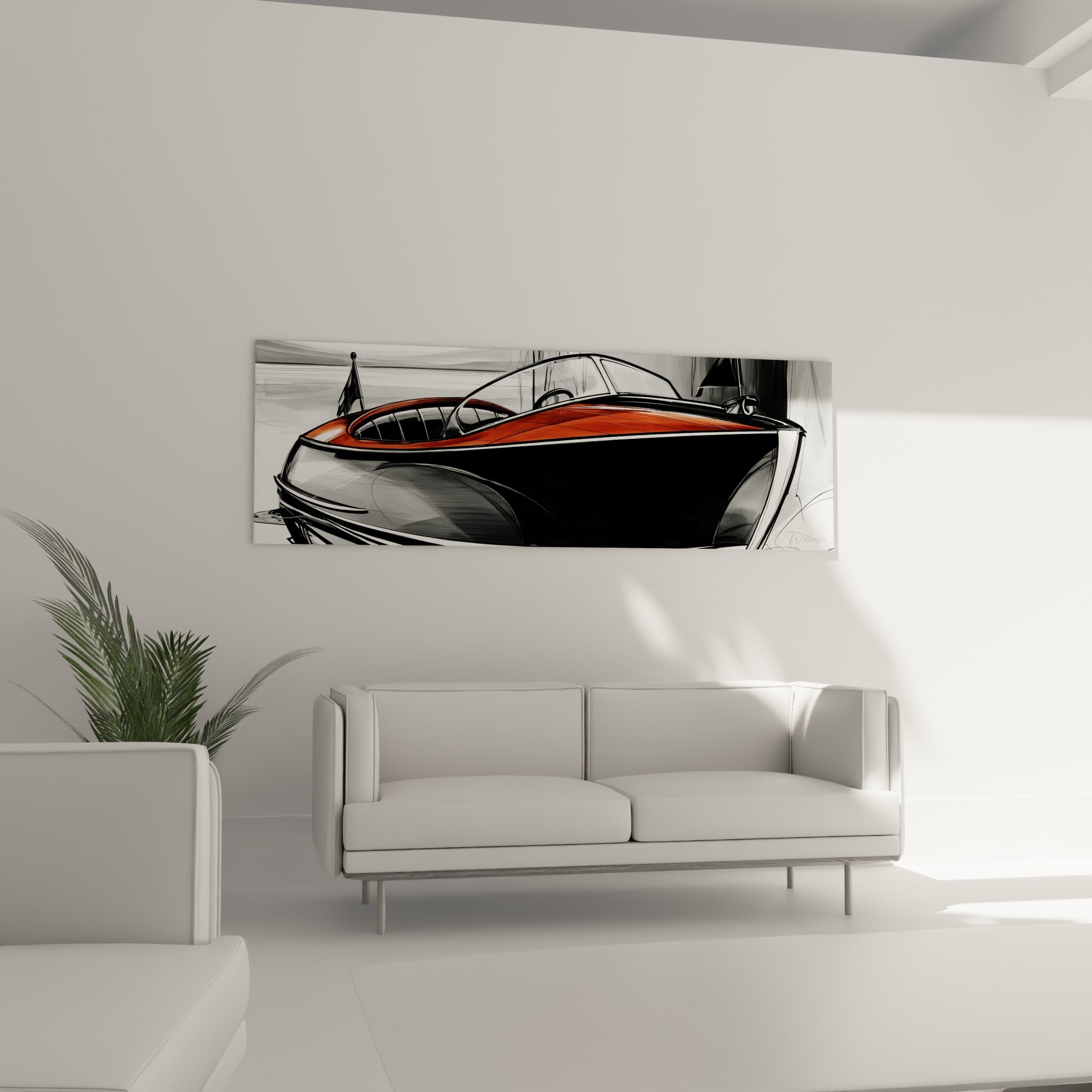 Coque anthracite et pont acajou d'un canot dessiné, tableau bateau abstrait au-dessus d'un canapé dans un salon lumineux