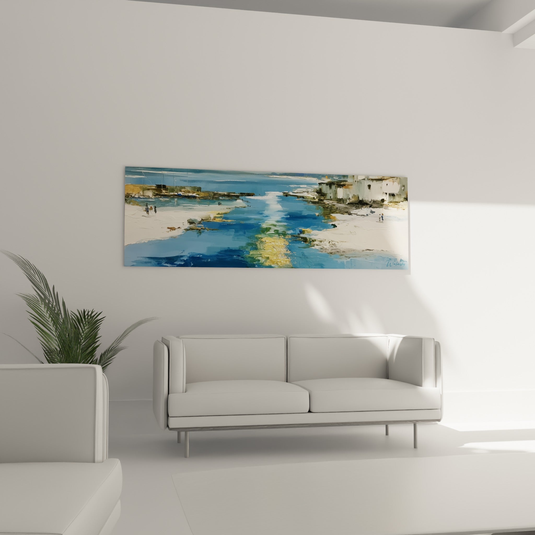 Scène portuaire bleue et ocre aux touches gestuelles, au-dessus d'un canapé dans un salon lumineux