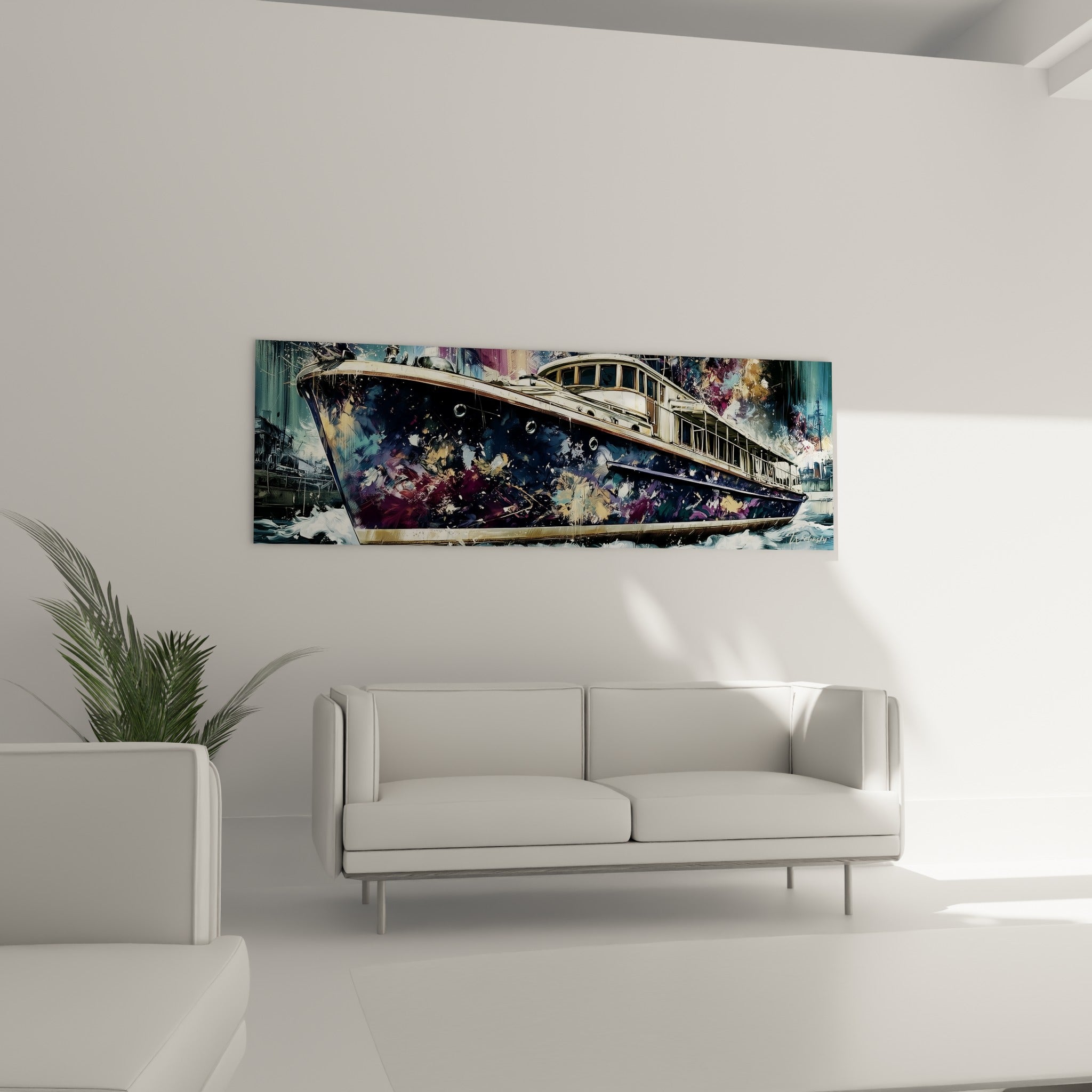 Proue ivoire éclaboussée de doré du tableau bateau abstrait au-dessus d'un canapé dans un salon lumineux