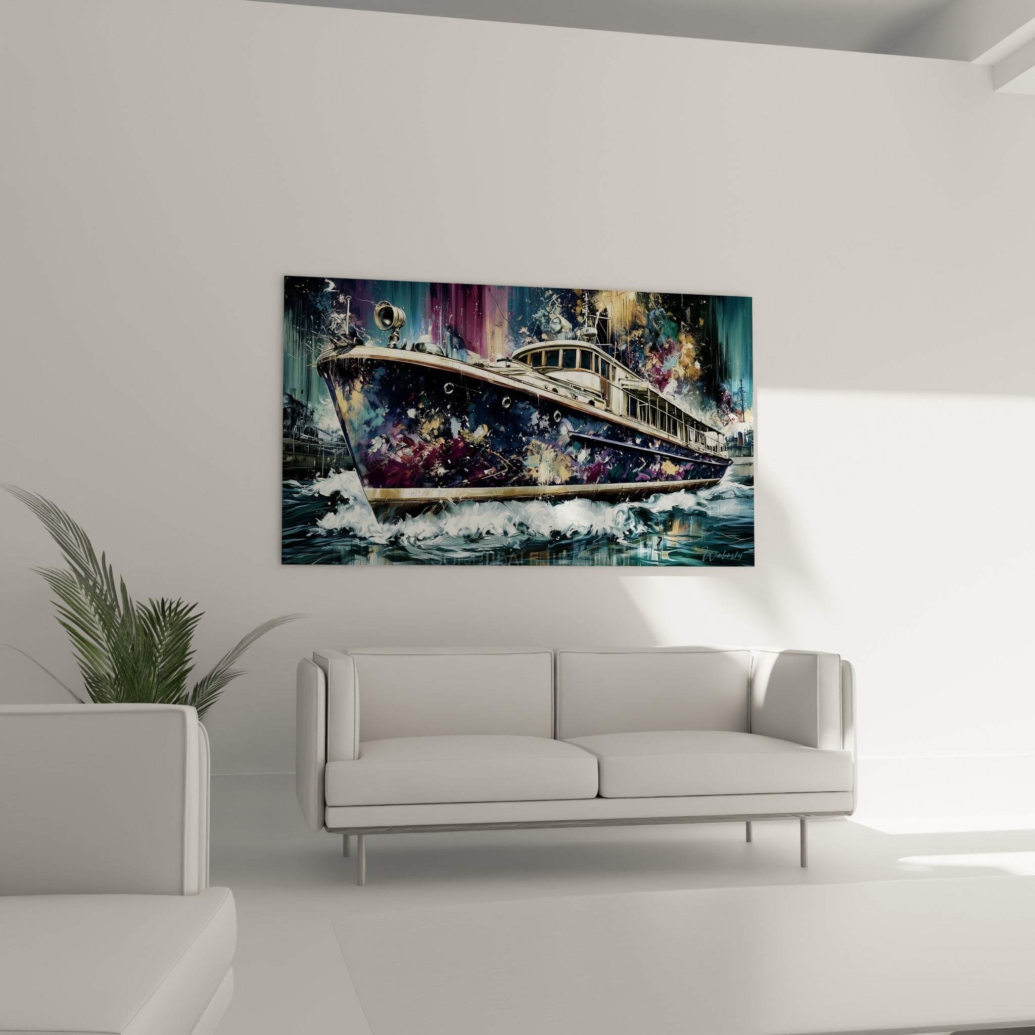 Proue du yacht éclaboussée d'or et de violet, tableau bateau abstrait au-dessus d'un canapé dans un salon lumineux