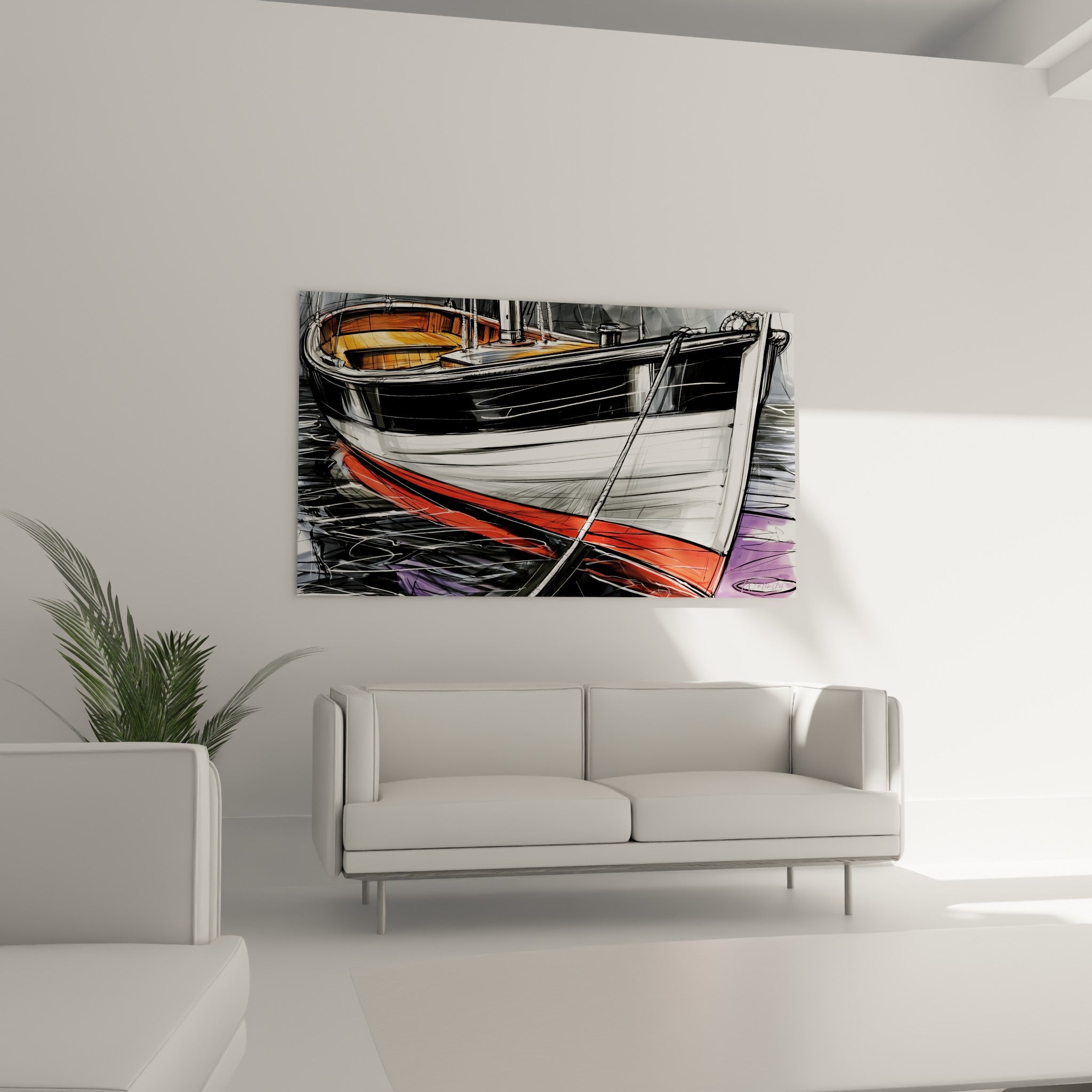 Proue blanche et amarre tendue d'un bateau abstrait au-dessus d'un canapé dans un salon lumineux