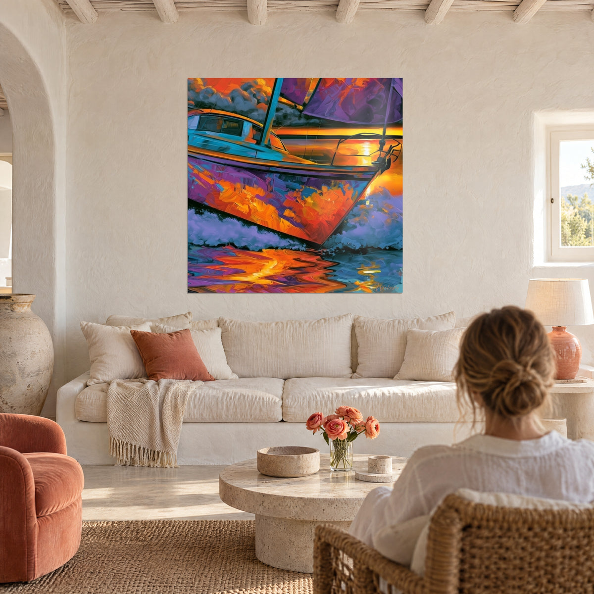 Wall art sailboat cutting through lavender foam, orange and violet hull in thick impasto, above a sofa in a bright living room