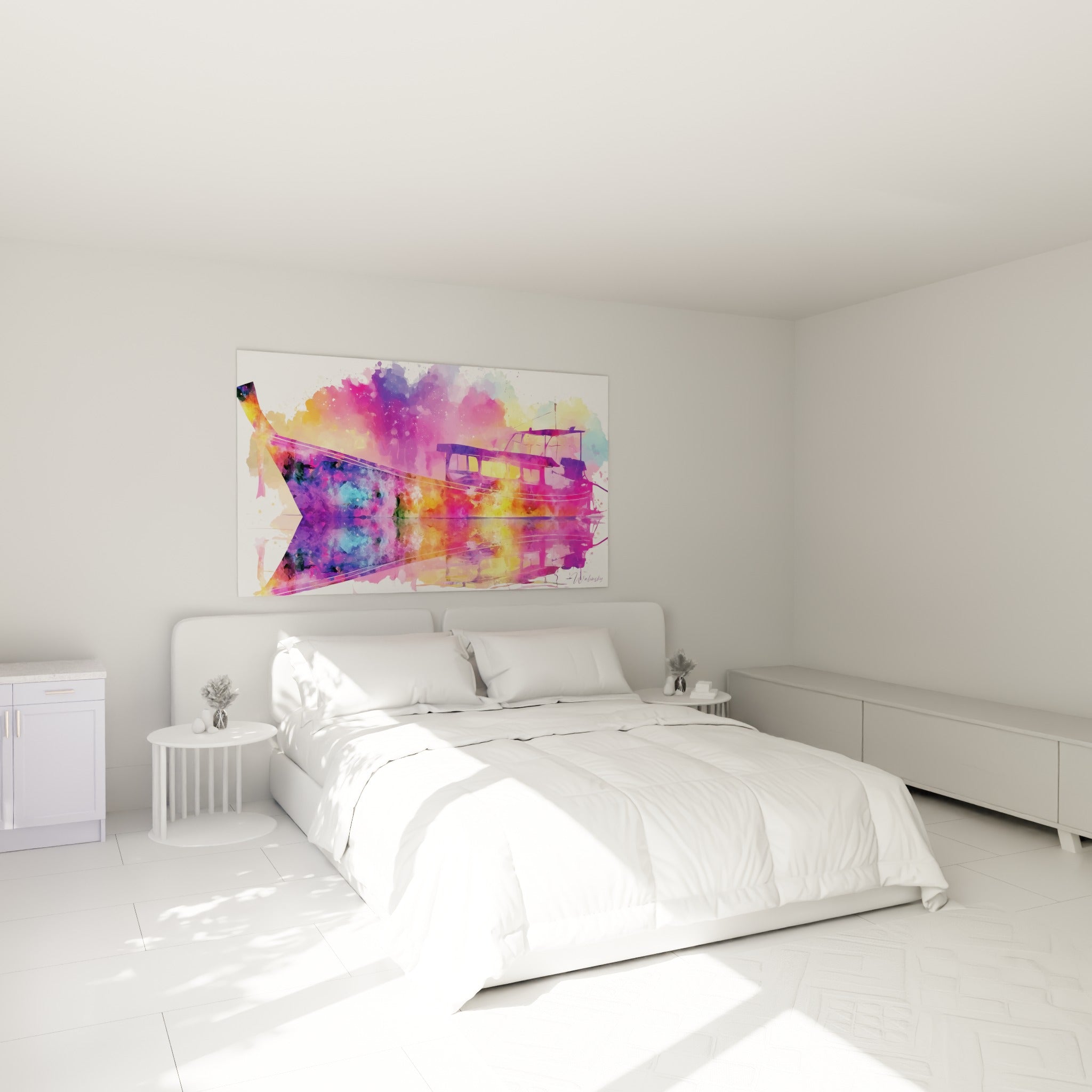 Silhouette de bateau abstrait rose et turquoise au-dessus d'un lit dans une chambre claire