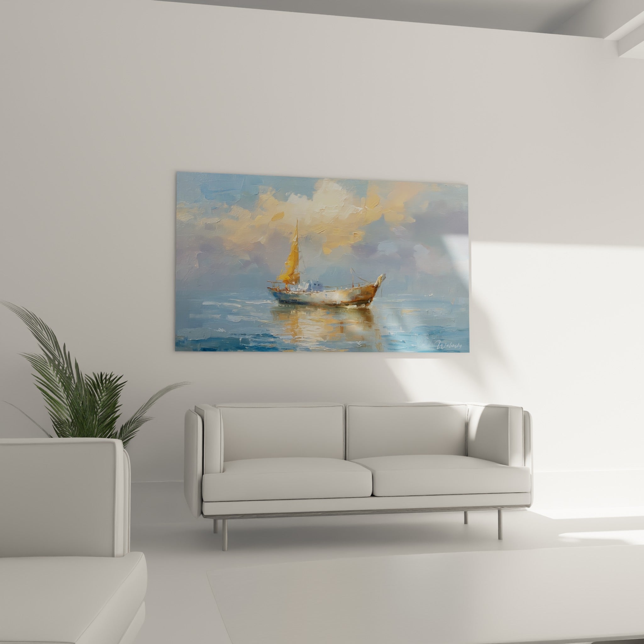 Bateau abstrait à la voile dorée reflétée sur une eau bleu pastel, au-dessus d'un canapé dans un salon lumineux