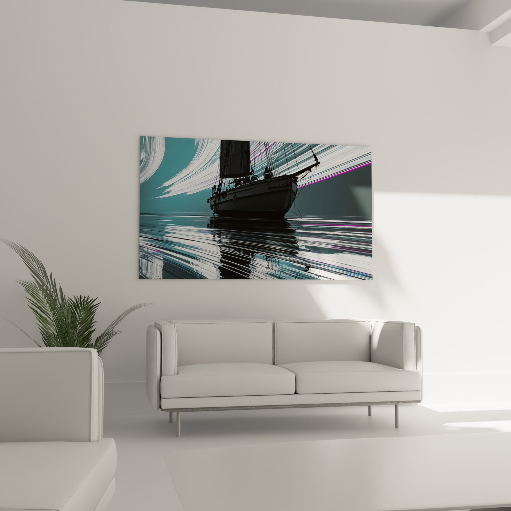 Bateau à voile noir sur mer striée de blanc et turquoise au-dessus d'un canapé dans un salon lumineux