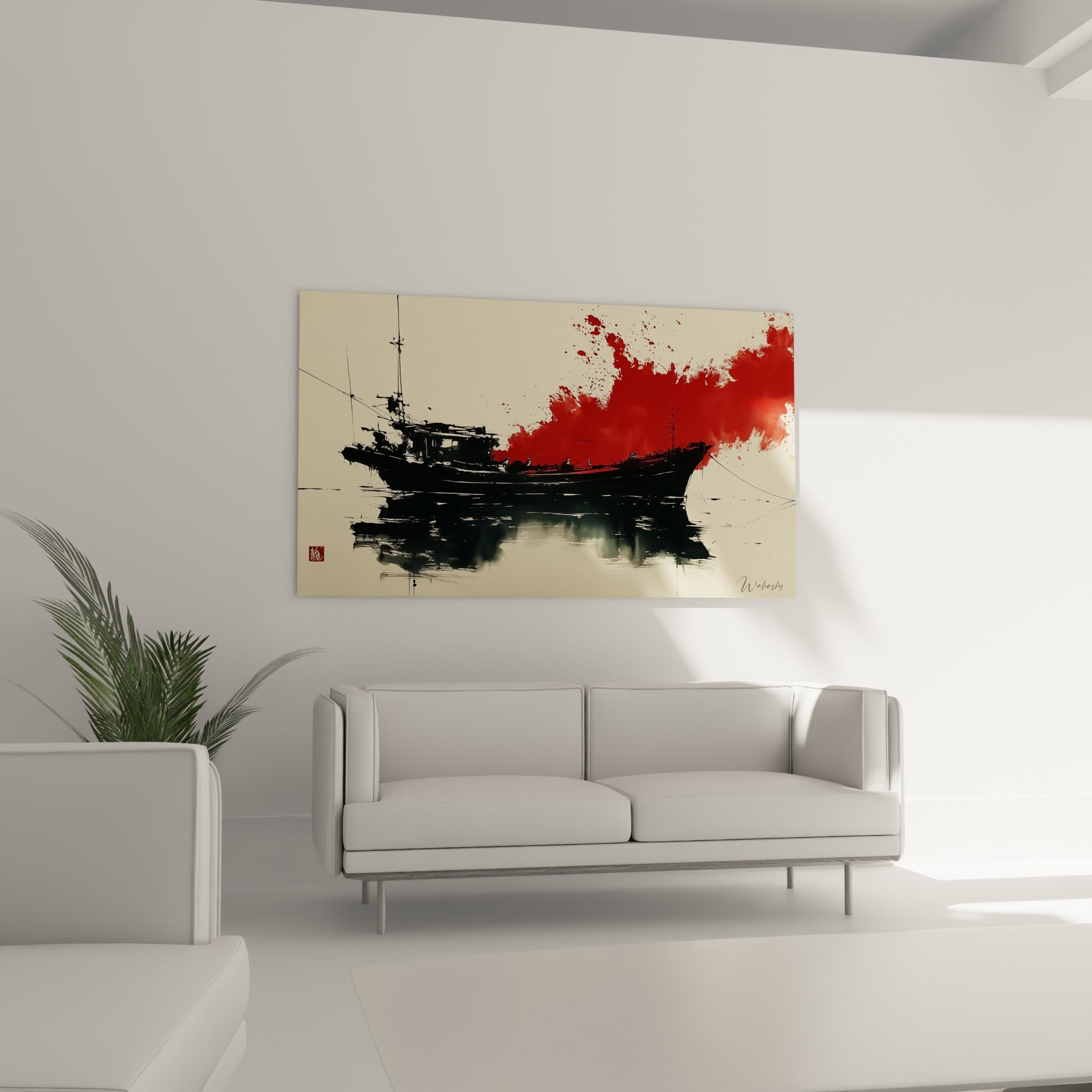 Silhouette du Bateau abstrait en encre noire et rouge, disposée au-dessus d'un canapé dans un salon lumineux