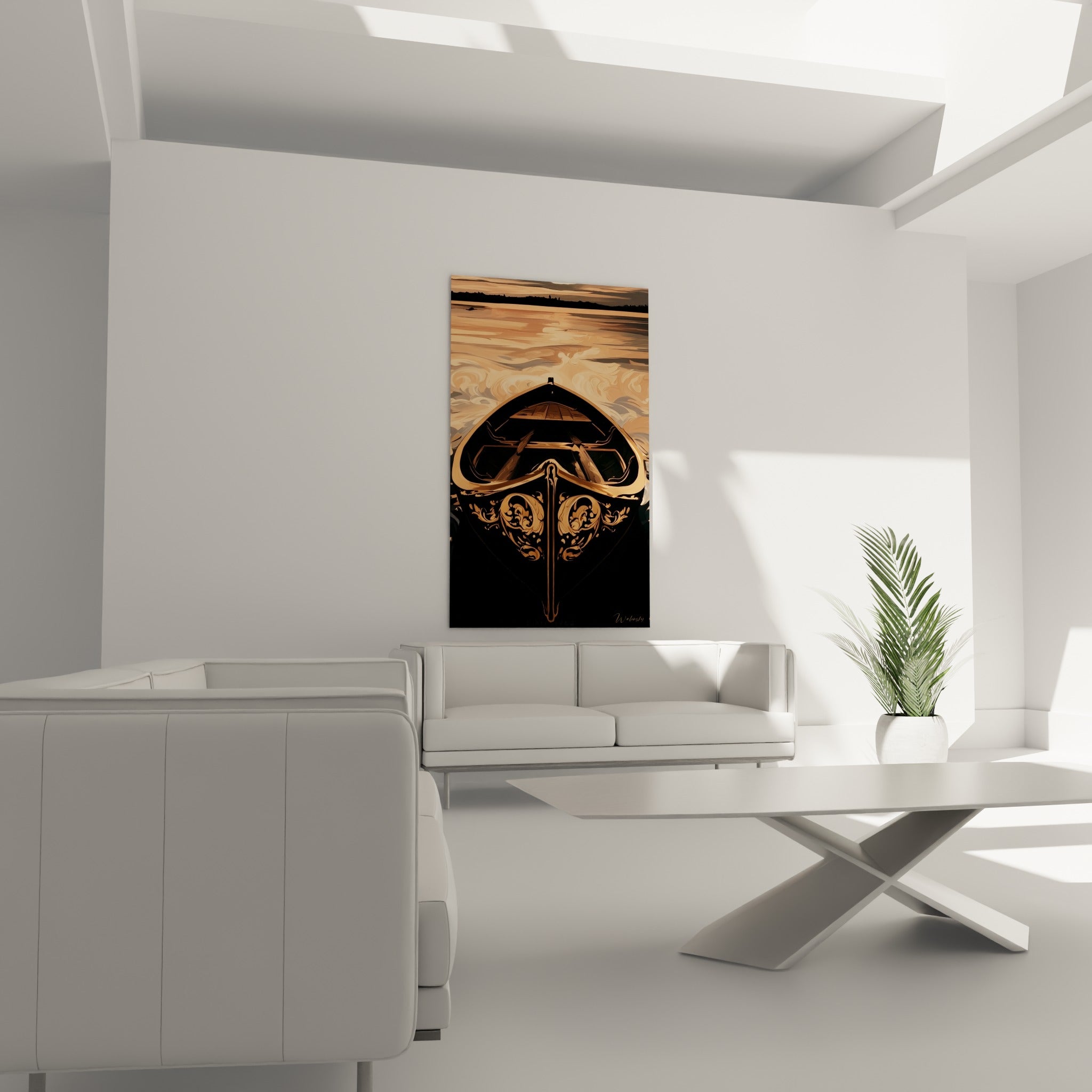 Embarcation sombre aux reflets dorés, tableau bateau abstrait au-dessus d'un canapé dans un salon lumineux