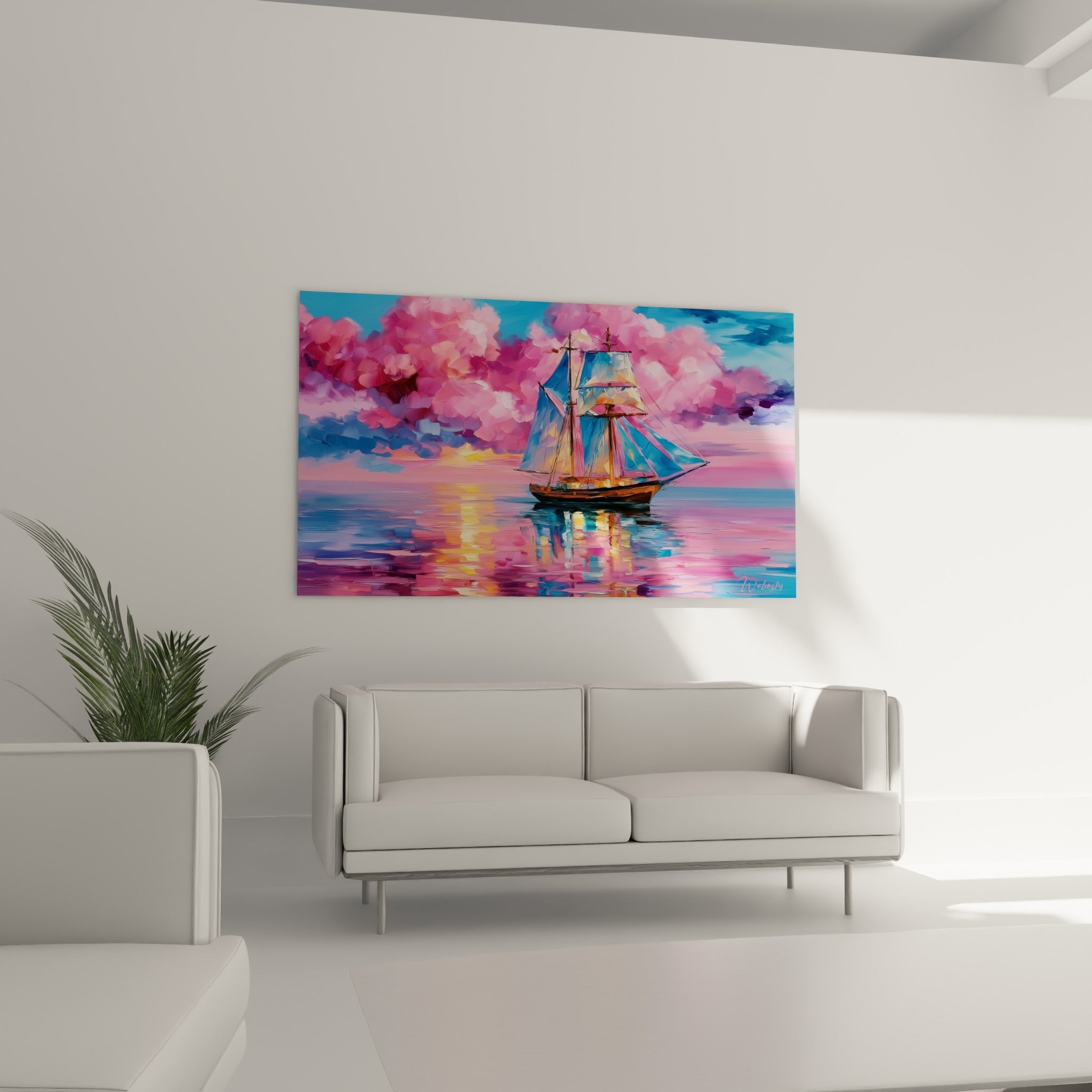 Navire aux voiles bleues glissant sur une eau rose et orangée, tableau accroché au-dessus d'un canapé dans un salon lumineux