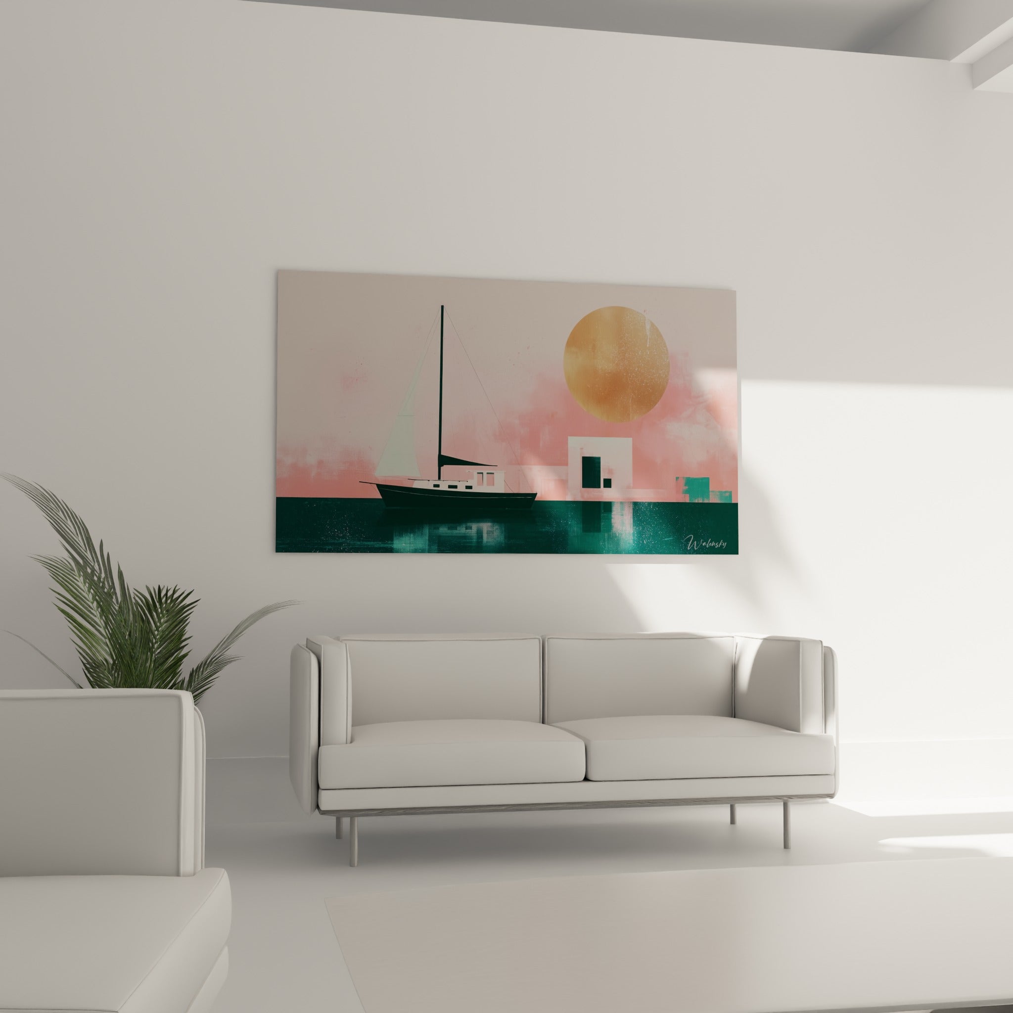 Bateau stylisé aux teintes roses et dorées, tableau bateau abstrait au-dessus d'un canapé dans un salon lumineux