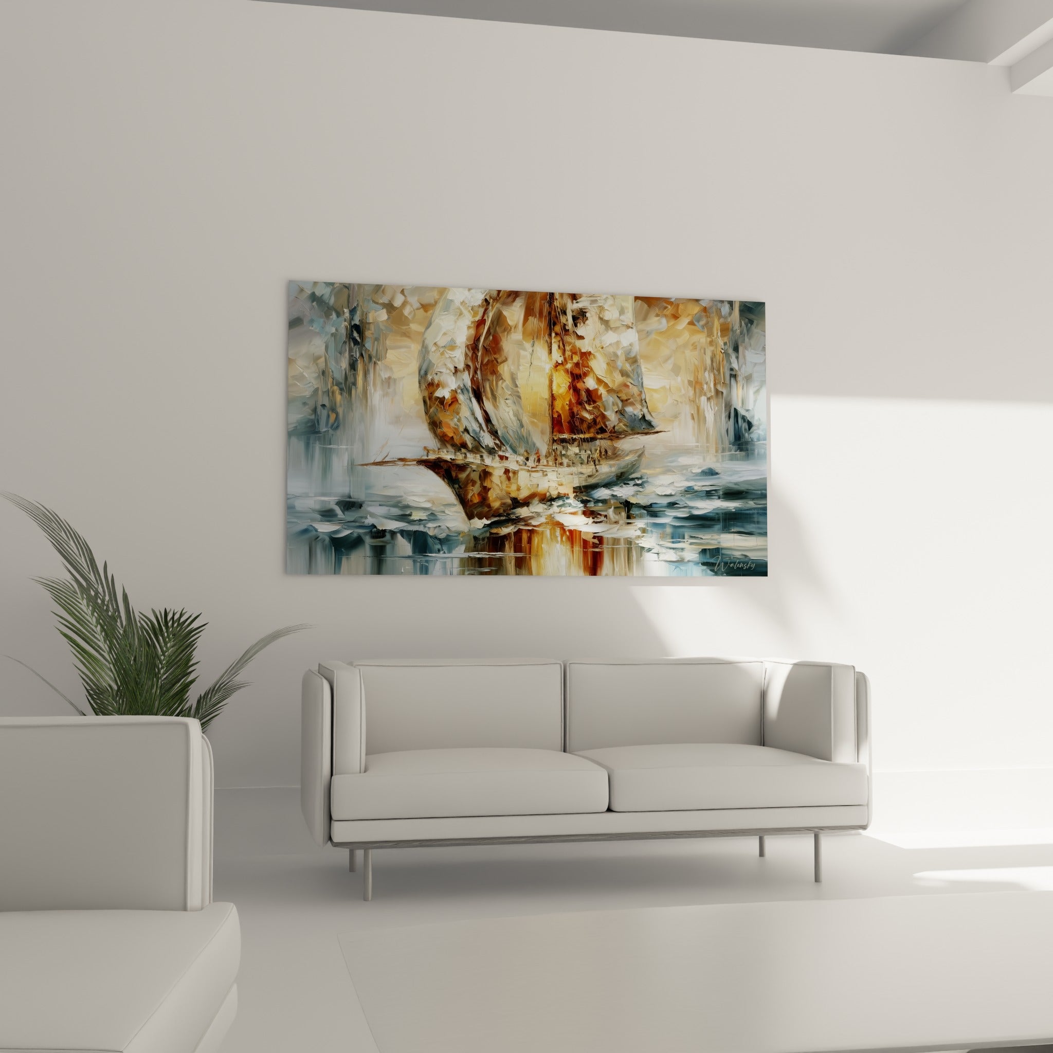 Bateau à voiles dorées et anthracite voguant sur des flots argentés, au-dessus d'un canapé dans un salon lumineux