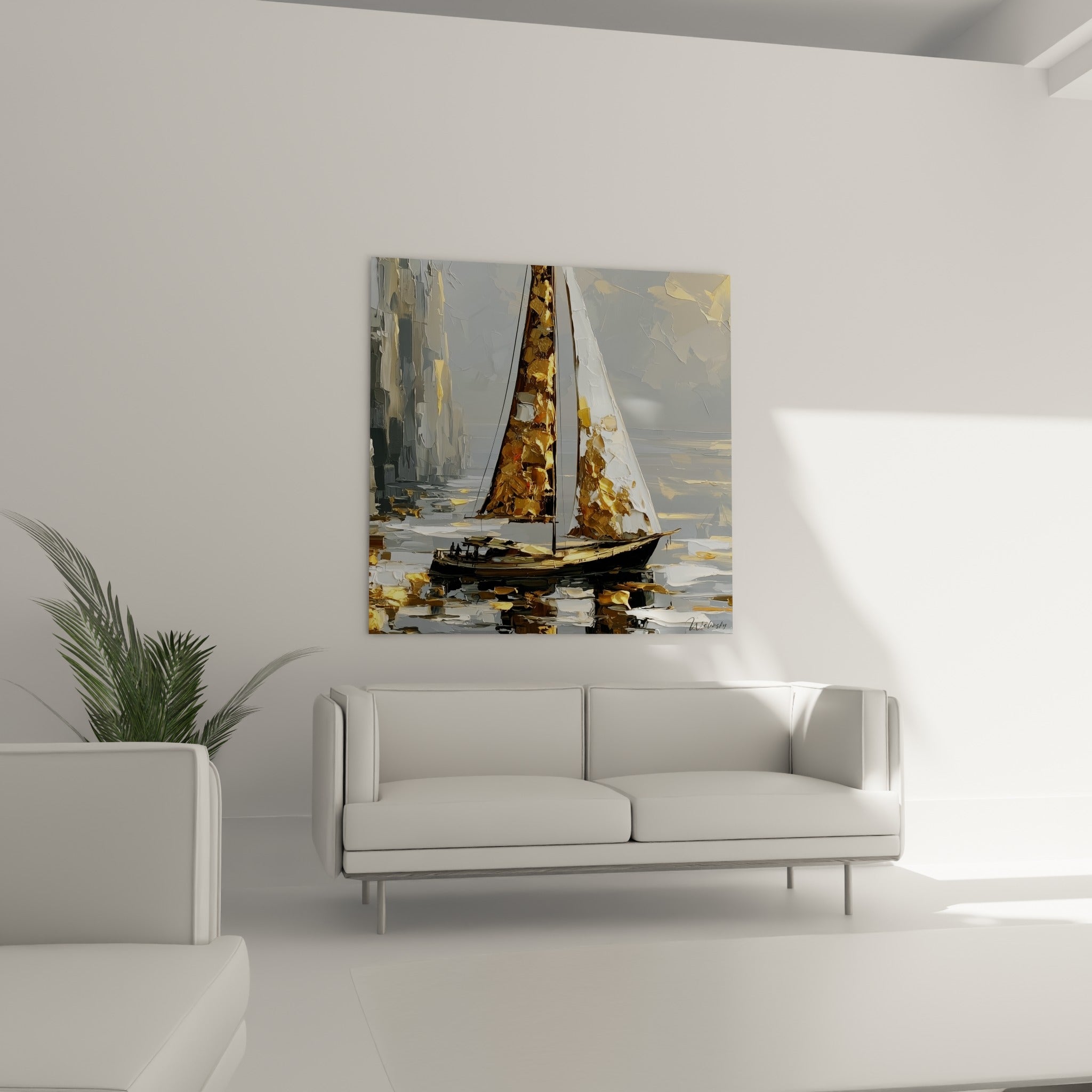 Reflets ocre et gris d'un voilier abstrait suspendus au-dessus d'un canapé dans un salon lumineux