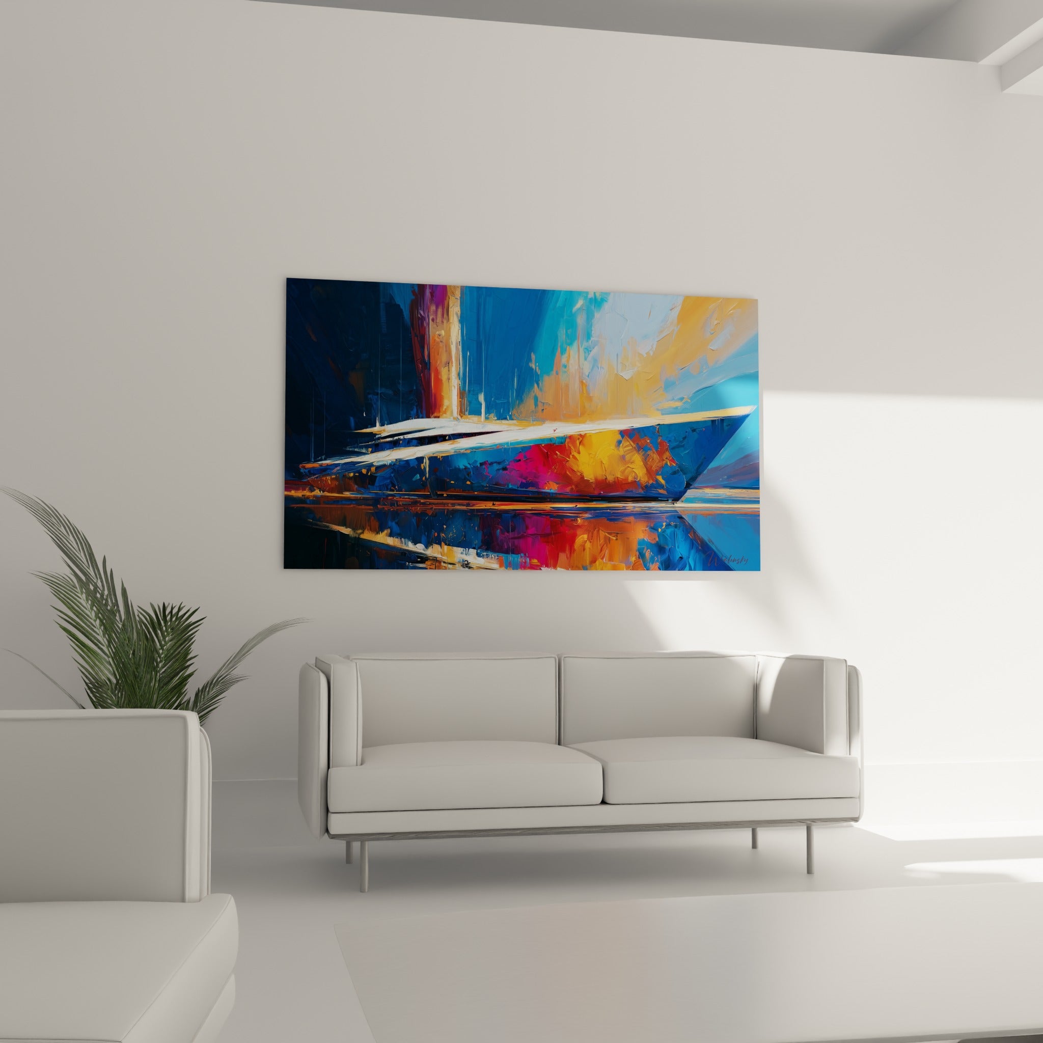 Voilier stylisé en bleu et rose fuchsia accroché au-dessus d'un canapé dans un salon lumineux