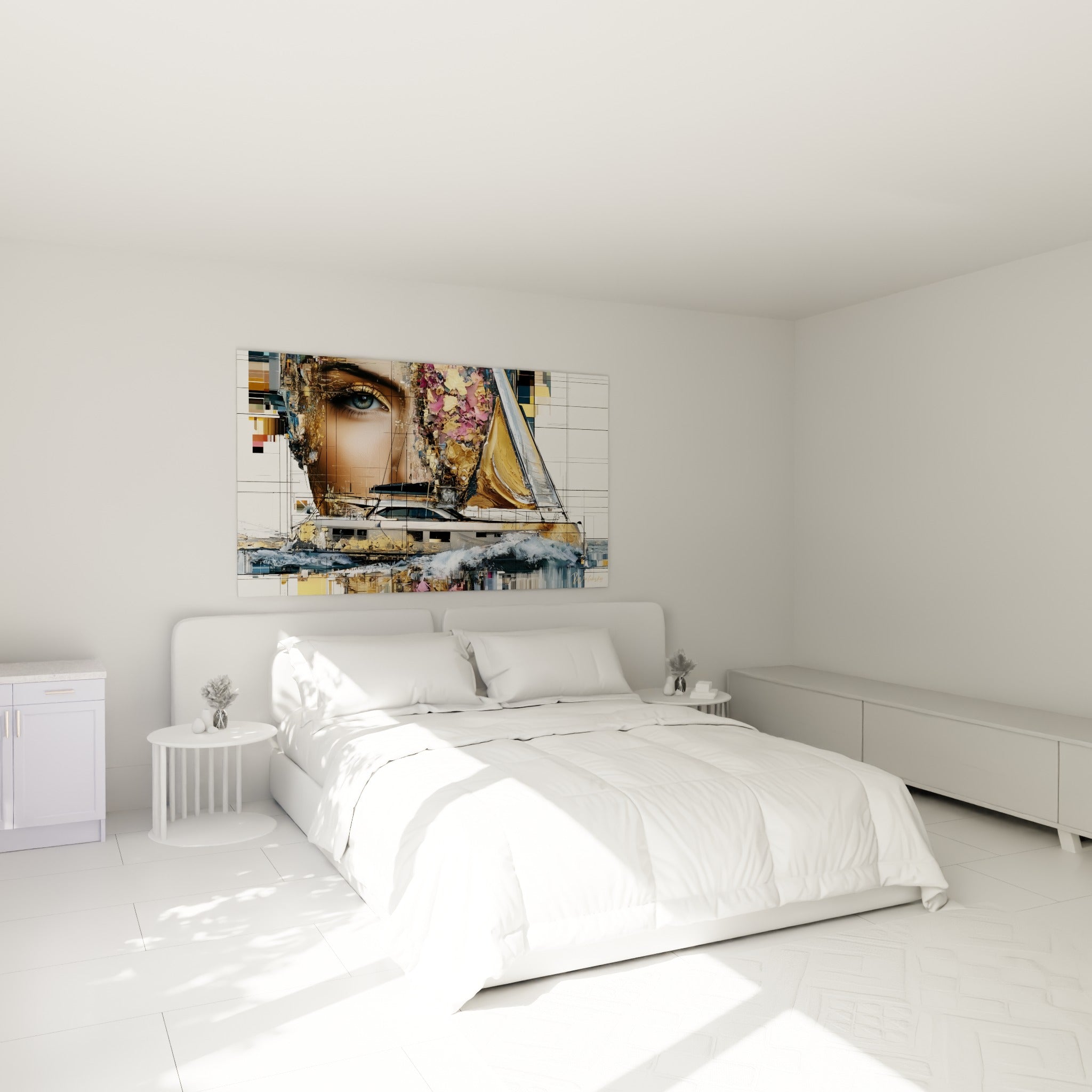 Visage fragmenté et voile dorée du tableau bateau abstrait accrochés au-dessus d'un lit dans une chambre claire