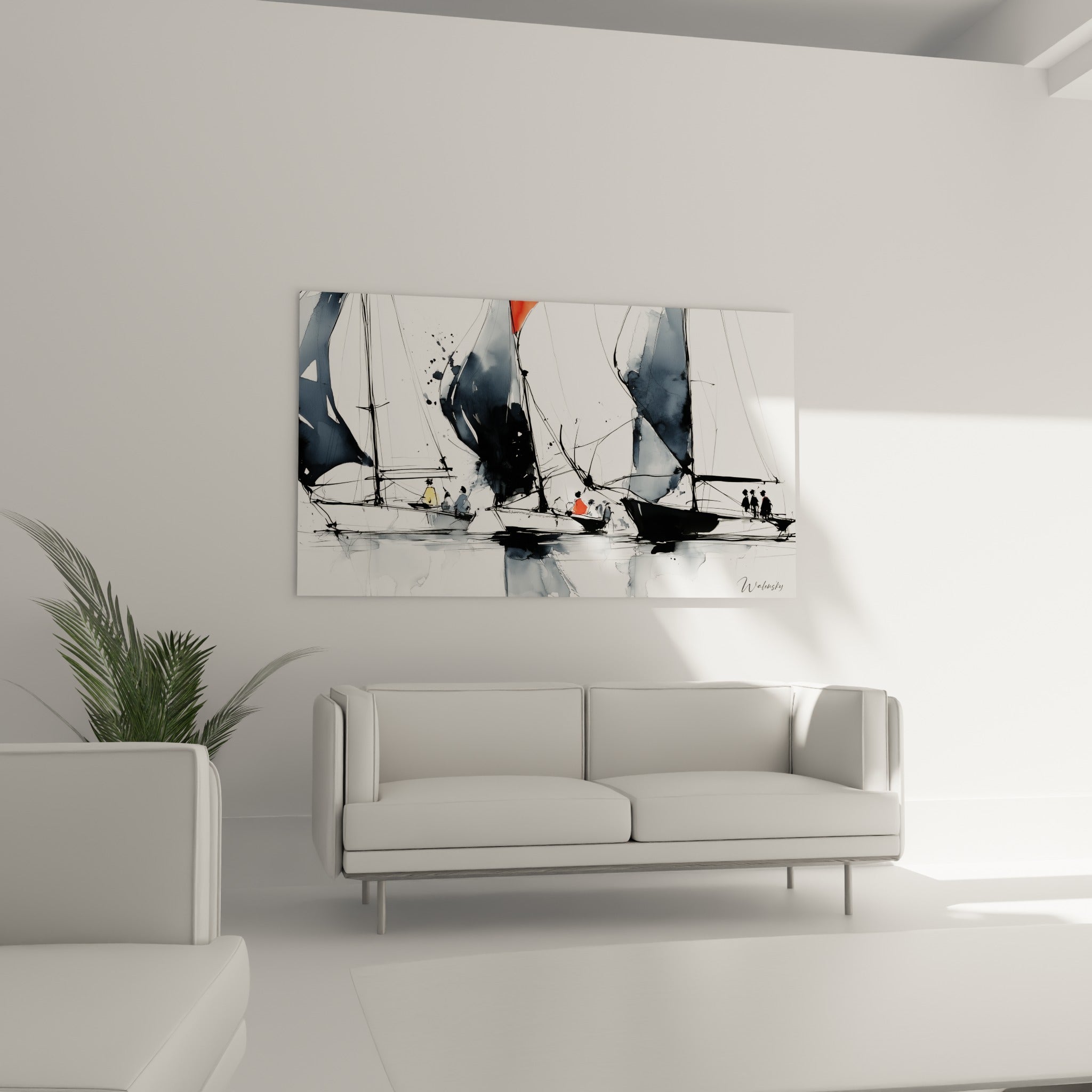 Régate esquissée à l'encre grise et noire, tableau bateau abstrait au-dessus d'un canapé dans un salon lumineux