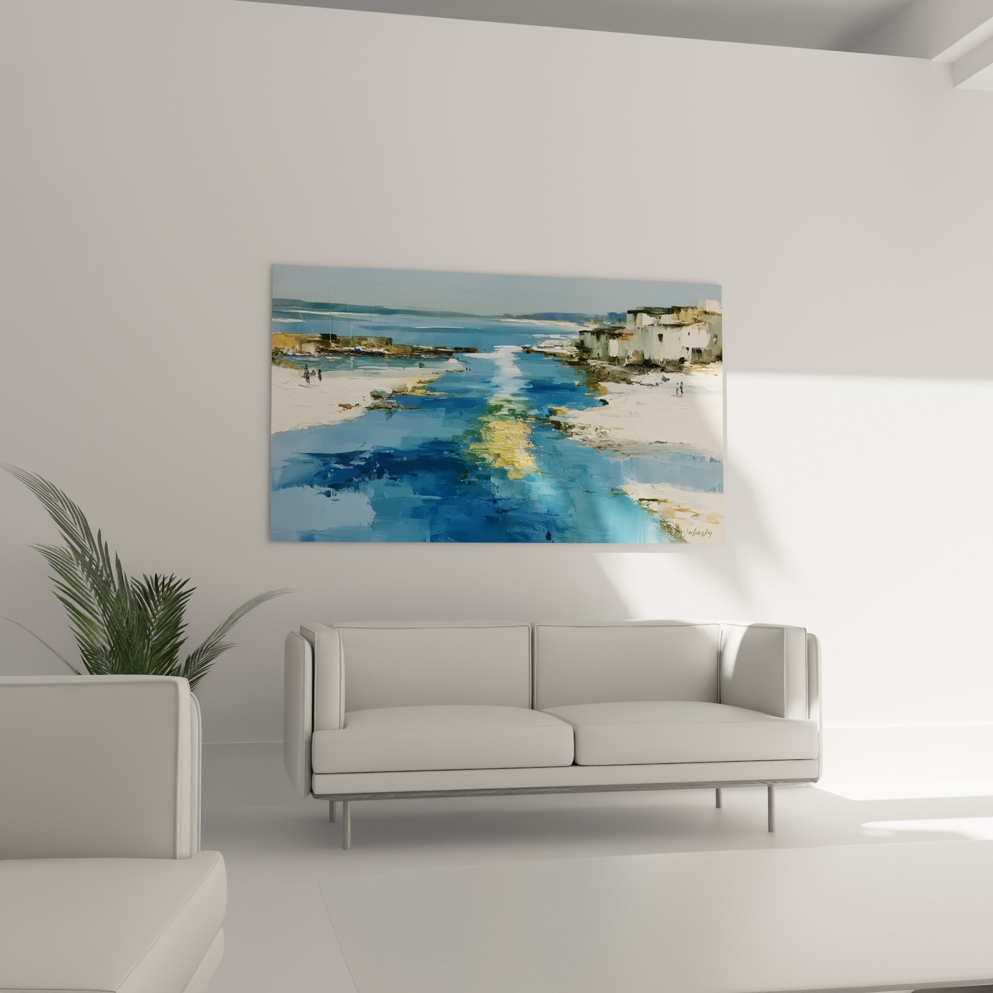 Rivage bleu profond et façades ocre d'un village de pêcheurs, au-dessus d'un canapé dans un salon lumineux