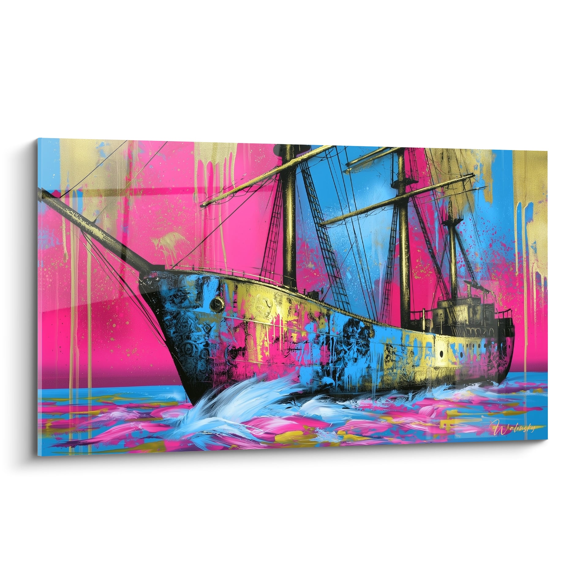 Voilier ancien noir aux coulures roses, bleues et dorées, tableau bateau abstrait style street art