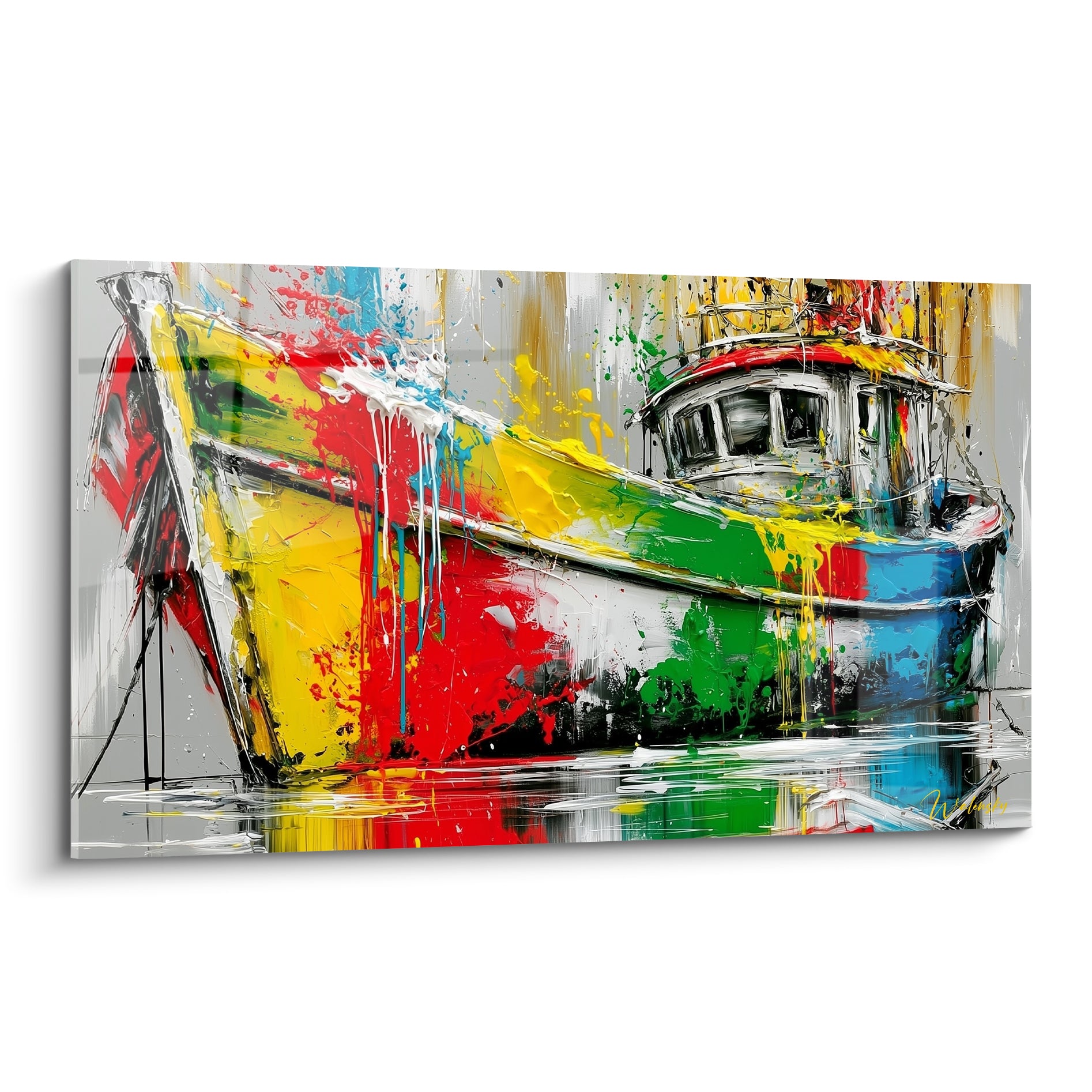 Chalutier peint en rouge, jaune et vert, coulures blanches sur fond gris texturé