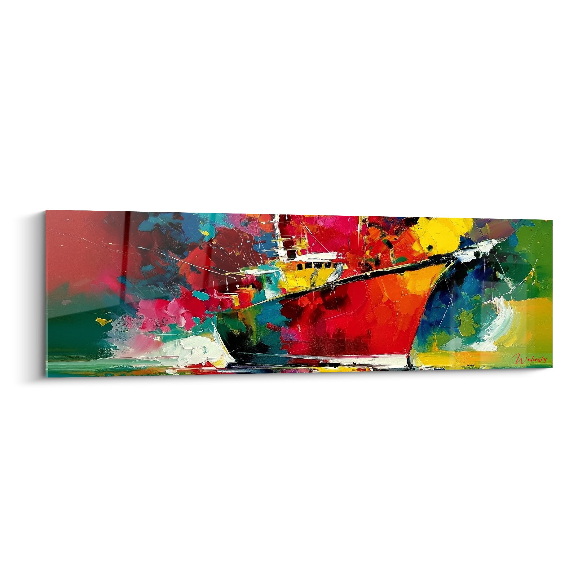 Bateau abstrait rouge et jaune vif, coque texturée au couteau sur fond vert émeraude