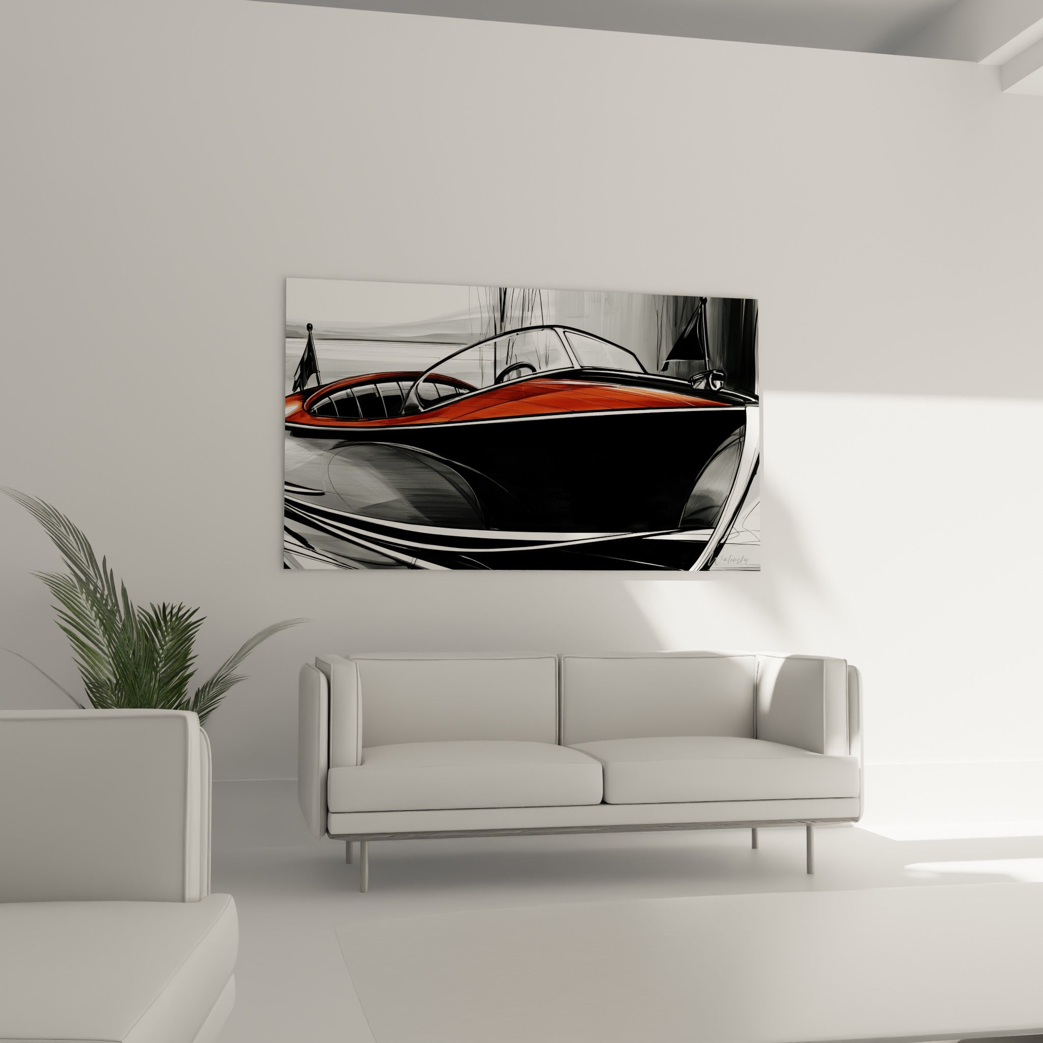 Bateau abstrait terracotta et anthracite suspendu au-dessus d'un canapé dans un salon lumineux