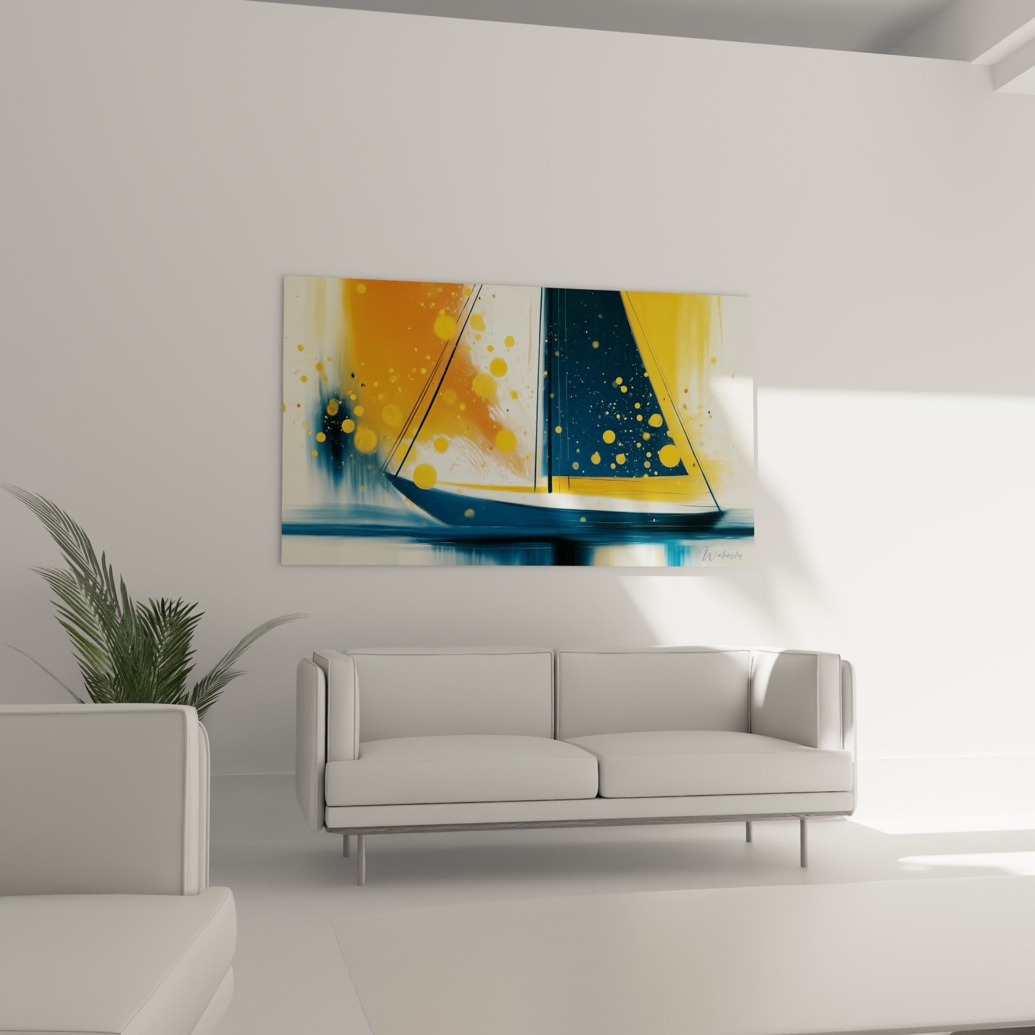 Voilier ocre et bleu marine au-dessus d'un canapé dans un salon lumineux et raffiné