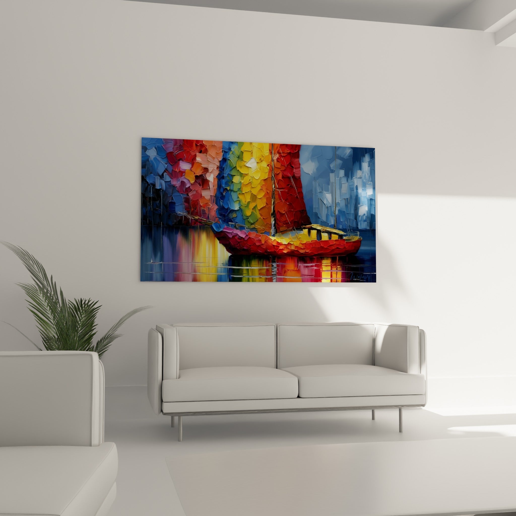 Bateau abstrait aux teintes bleu marine et terracotta suspendu au-dessus d'un canapé dans un salon lumineux