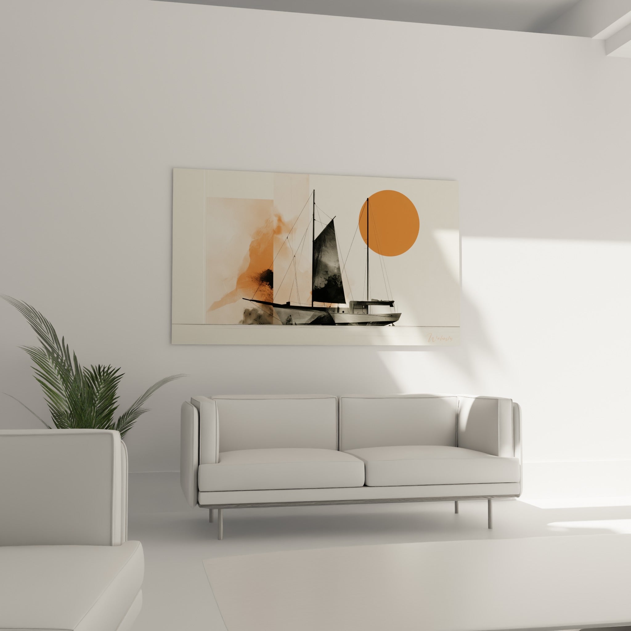 Voilier stylisé noir et orangé sur fond crème, suspendu au-dessus d'un canapé dans un salon lumineux