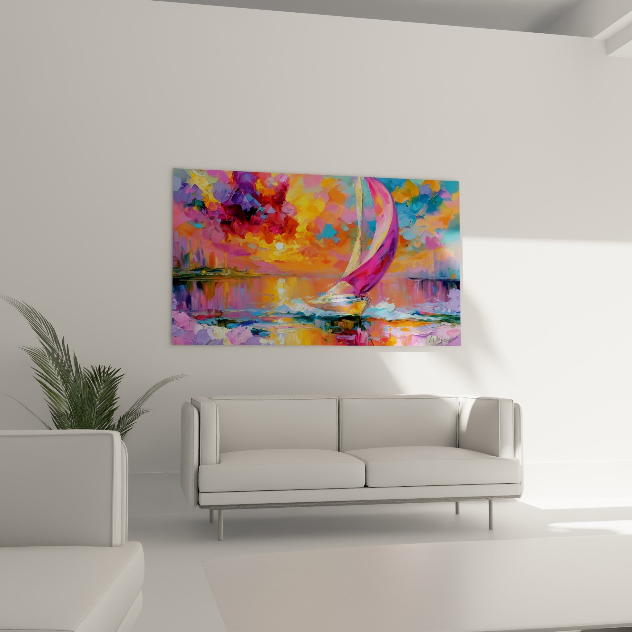 Voile pourpre et ciel orangé du tableau bateau abstrait, disposé au-dessus d'un canapé dans un salon lumineux