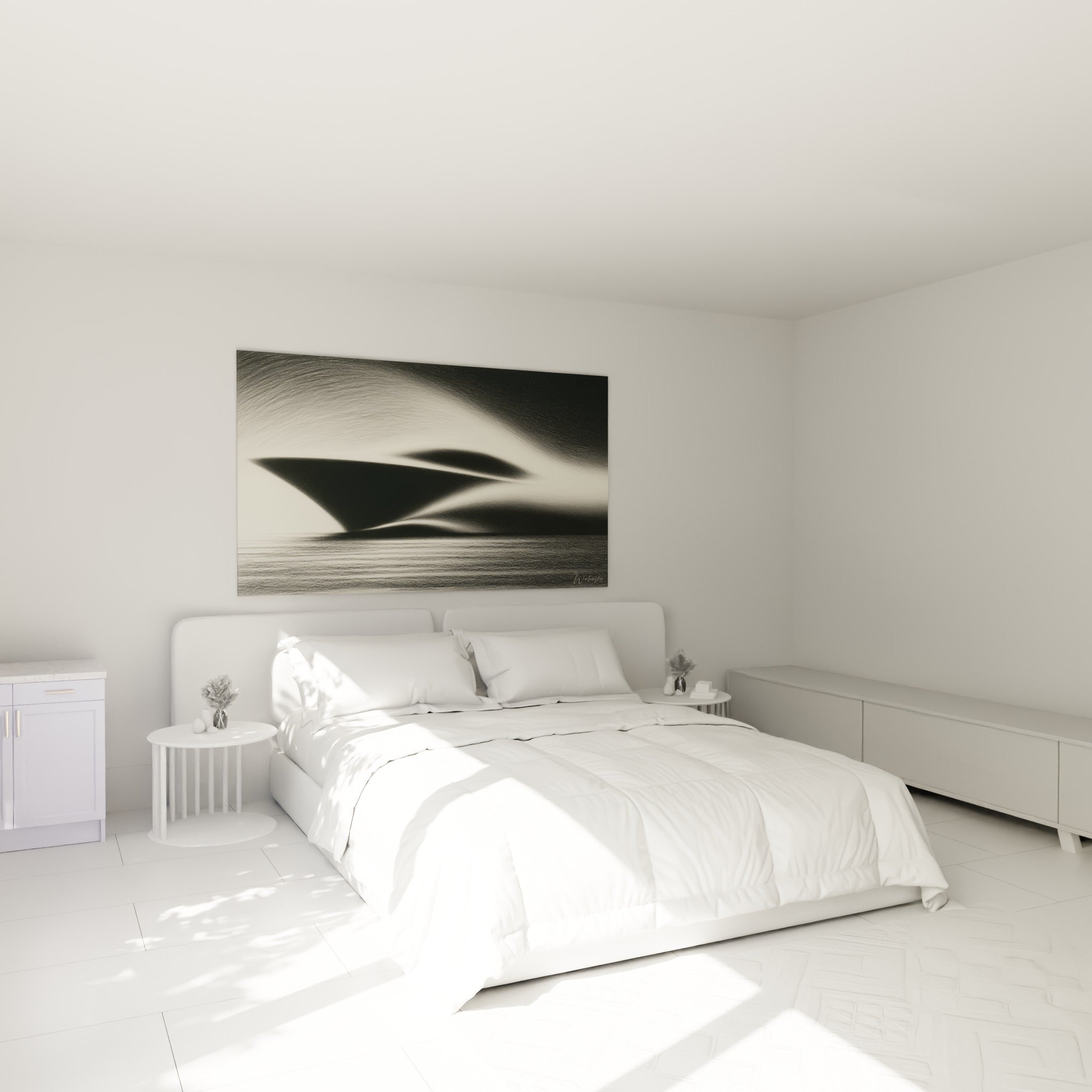Silhouette de voilier anthracite et blanc cassé, accrochée au-dessus d'un lit dans une chambre claire