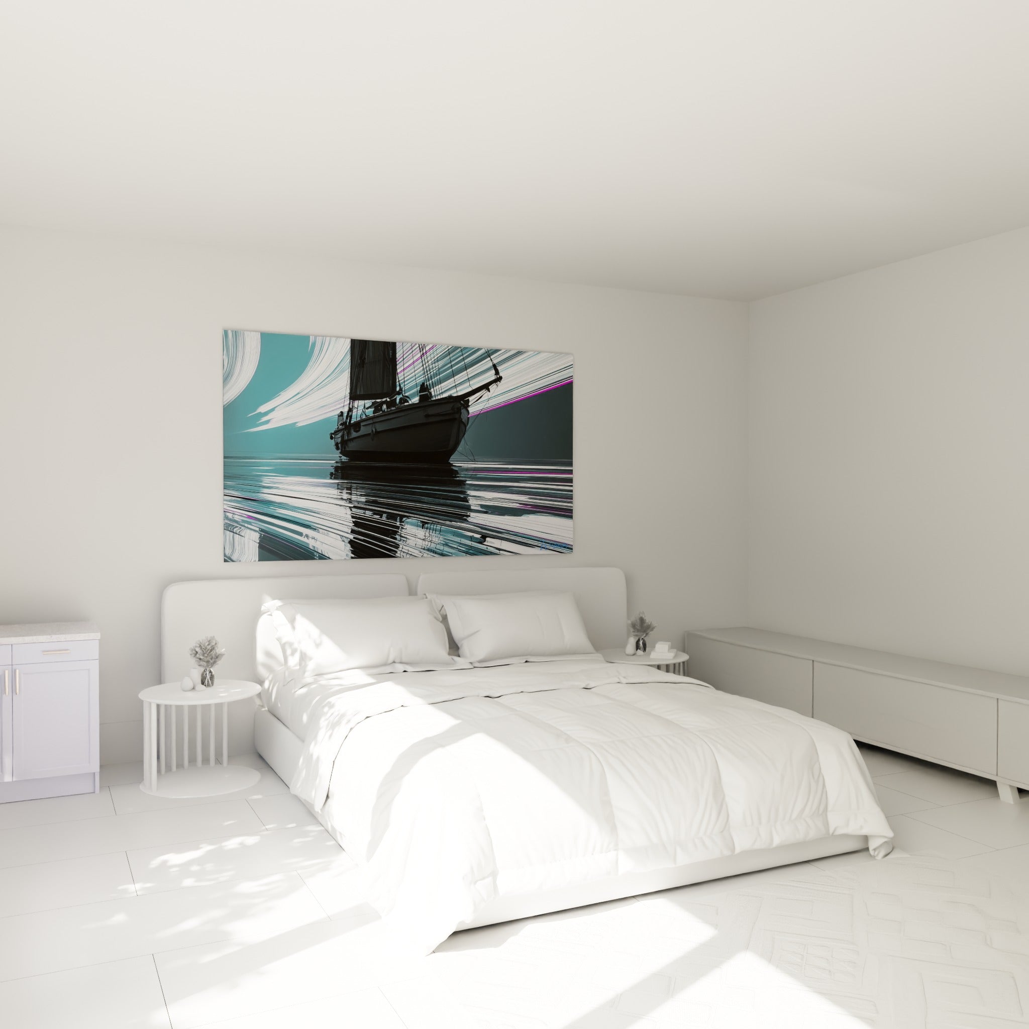 Silhouette de voilier bleu turquoise et blanc accrochée au-dessus d'un lit dans une chambre claire