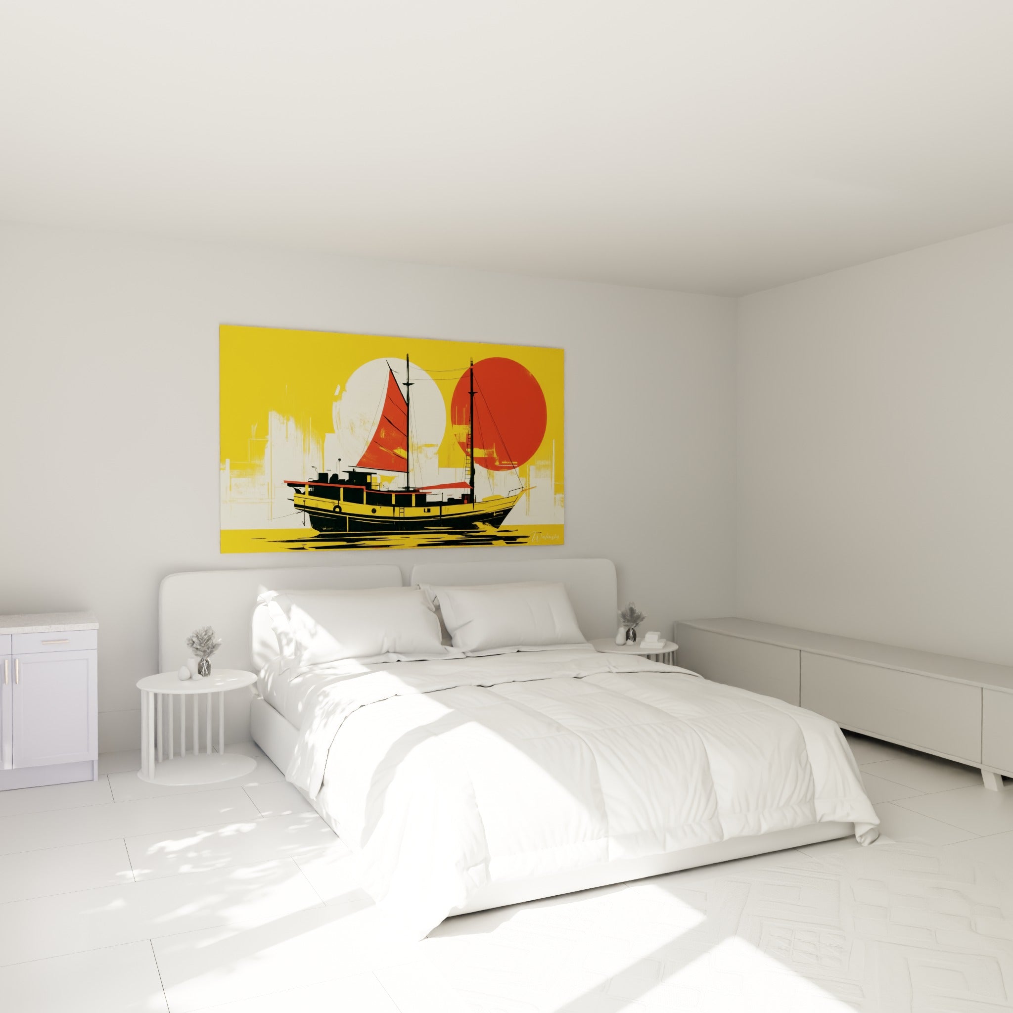 Silhouette de bateau noir et rouge sur fond jaune, accrochée au-dessus d'un lit dans une chambre claire