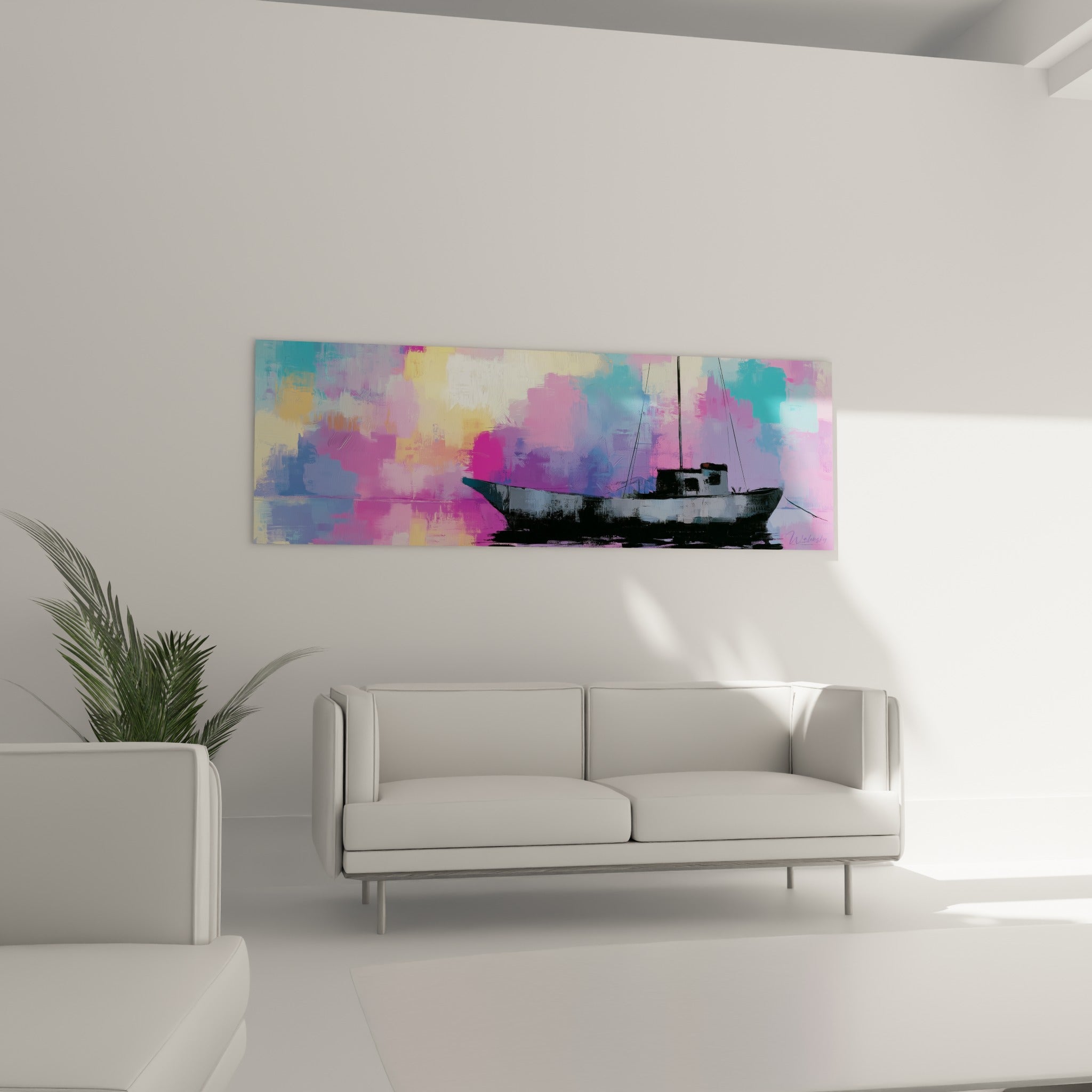 Coque sombre du bateau abstrait entourée de rose et turquoise, au-dessus d'un canapé dans un salon lumineux