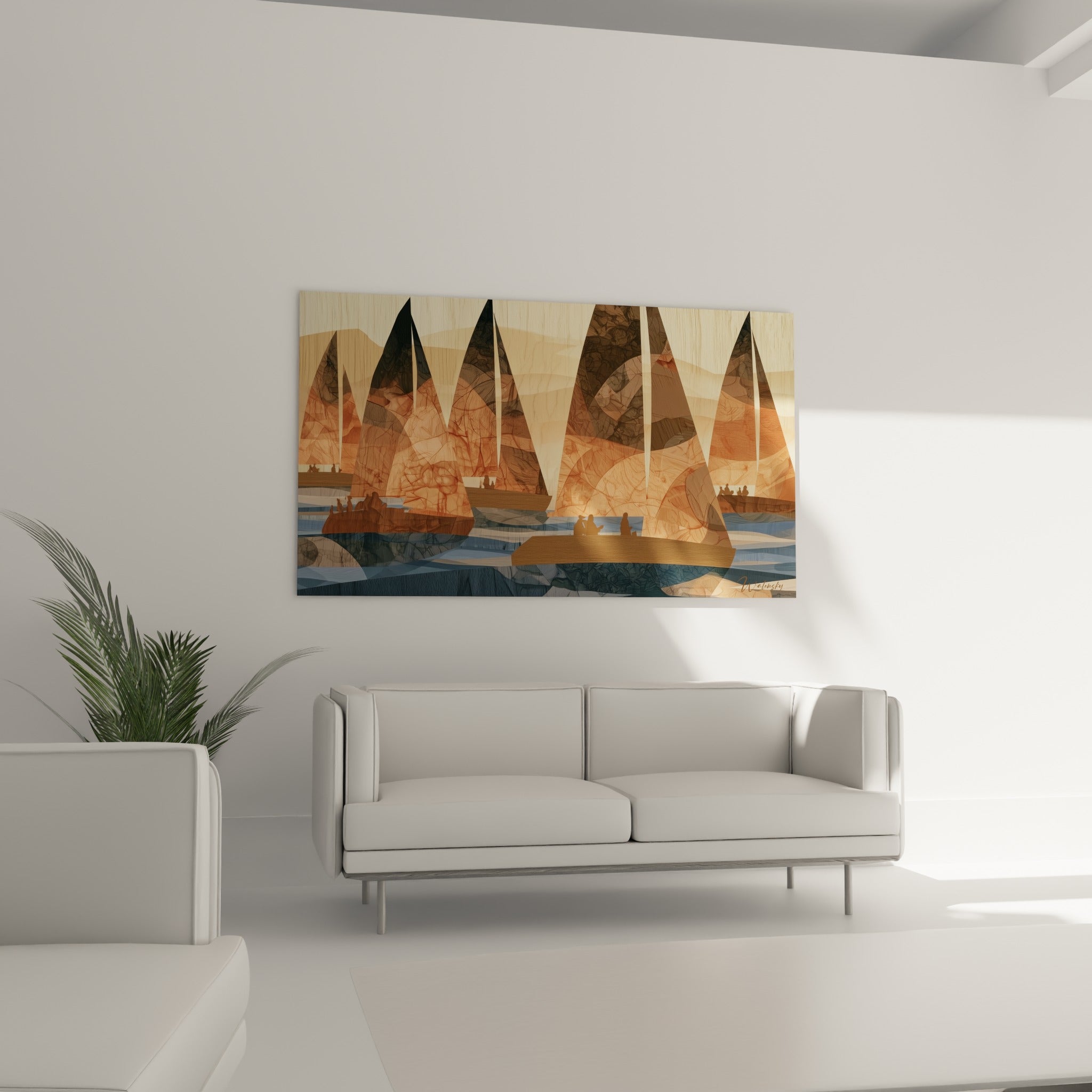 Régate stylisée en terracotta et anthracite du Bateau abstrait, au-dessus d'un canapé dans un salon lumineux