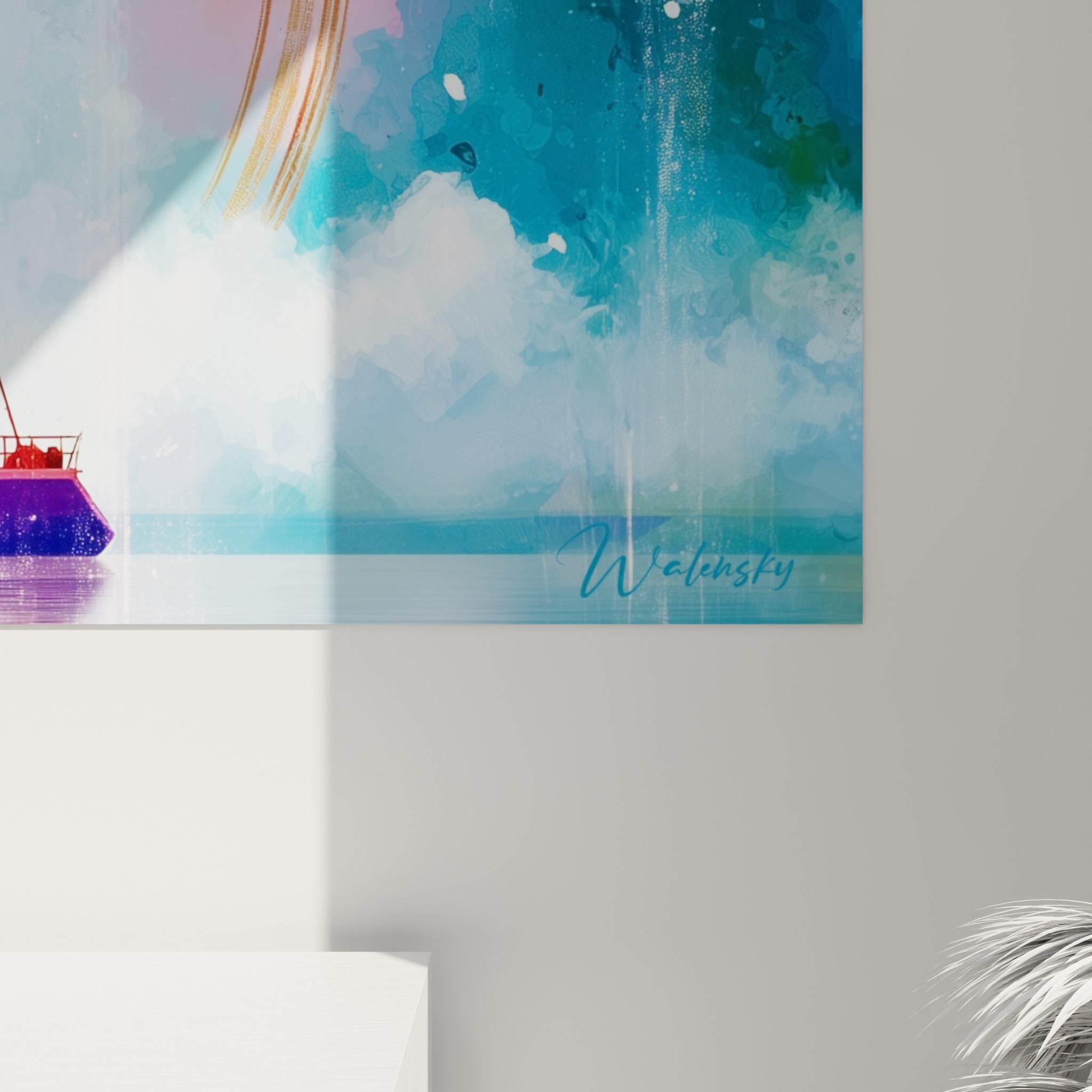 Détail des coulures aquarelle rose et turquoise et du grain pictural sur les voiles du bateau abstrait