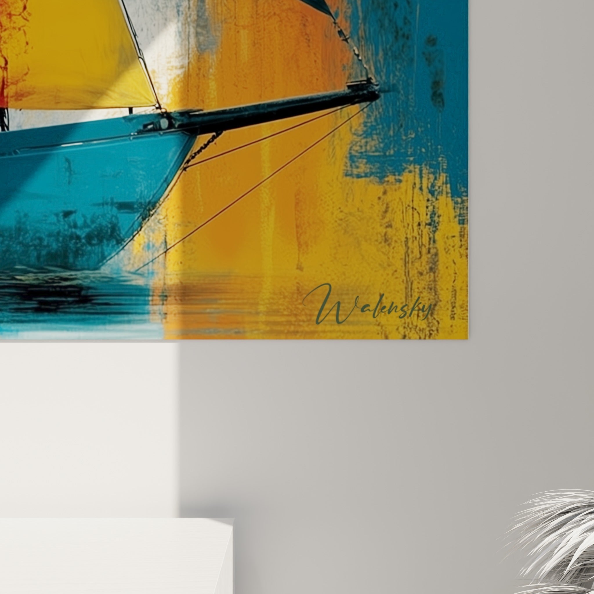 Empâtements et coulures bleu marine, rouge écarlate et ocre doré visibles sur la toile texturée du voilier