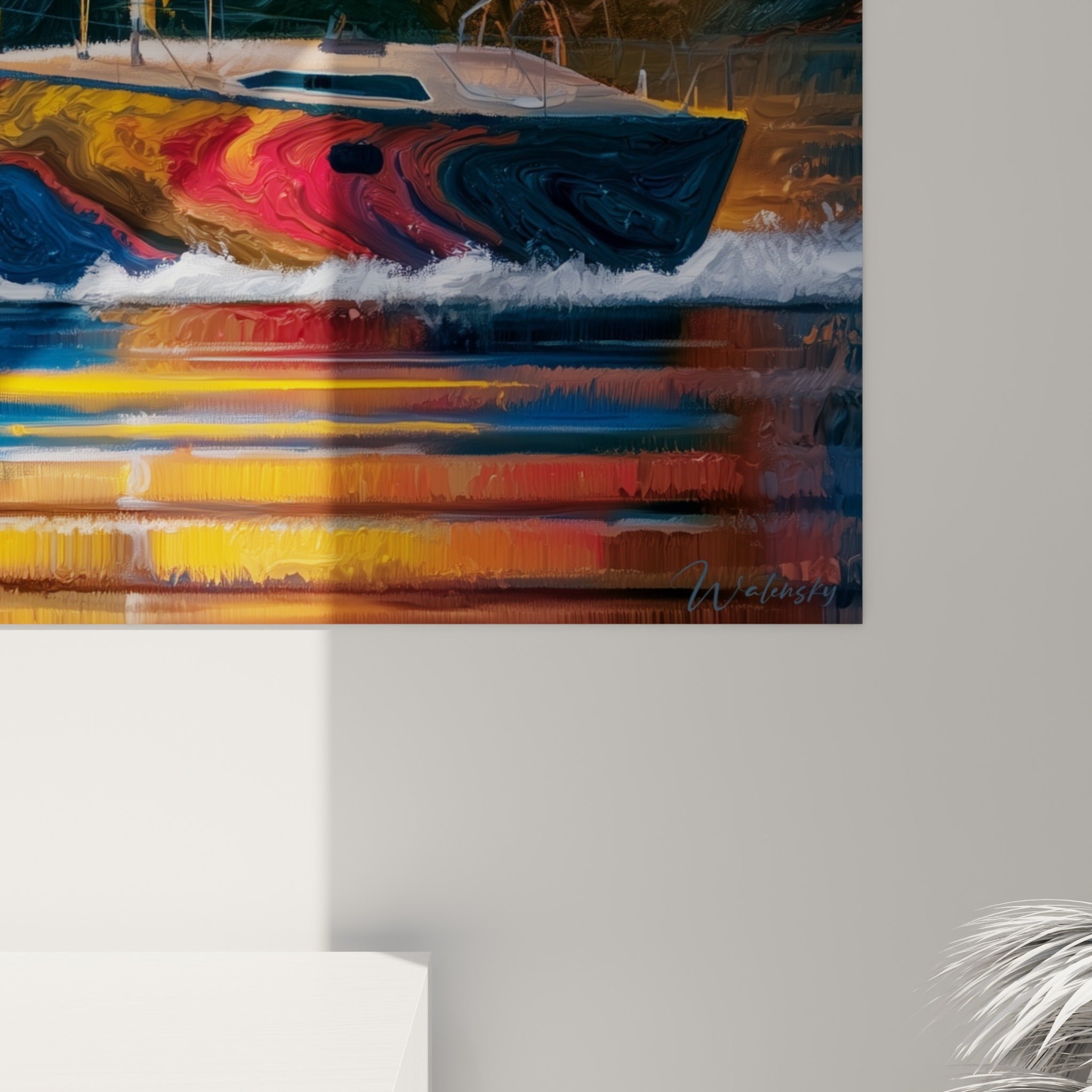 Empâtements colorés du bateau abstrait révélant coulures ambre, rouge et bleu marine se mêlant sur la toile