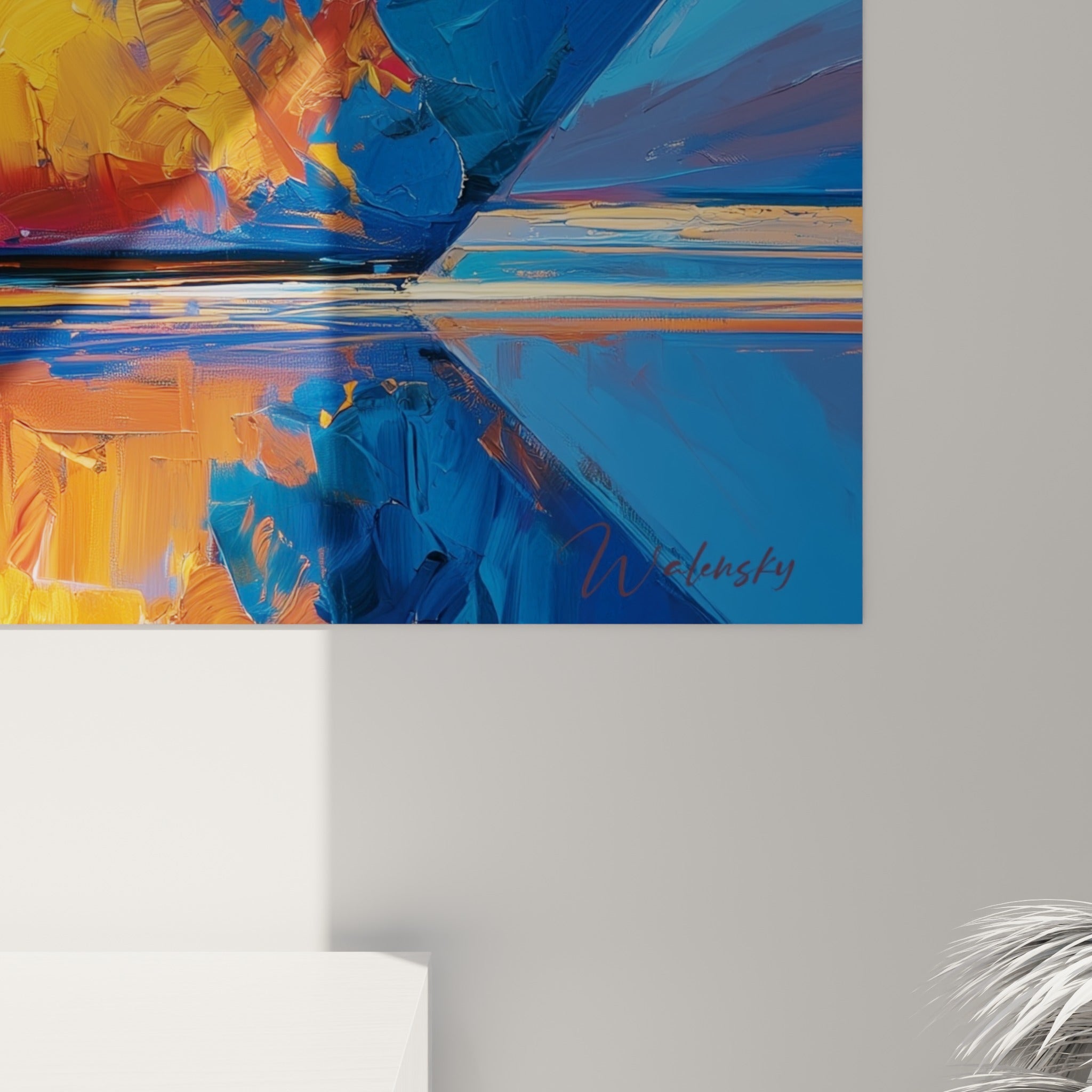 Empâtements épais de peinture bleu marine, orange et rose capturant la matière dense du voilier