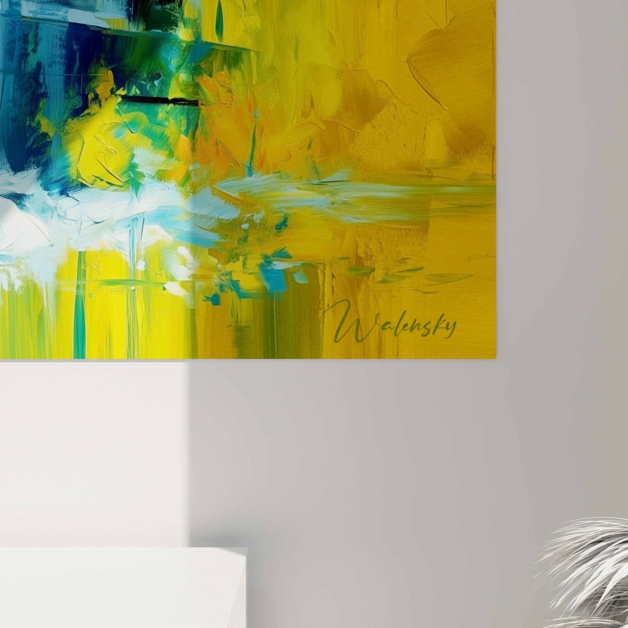 Empâtements de peinture bleu, orange et doré formant la coque du yacht avec un relief texturé visible
