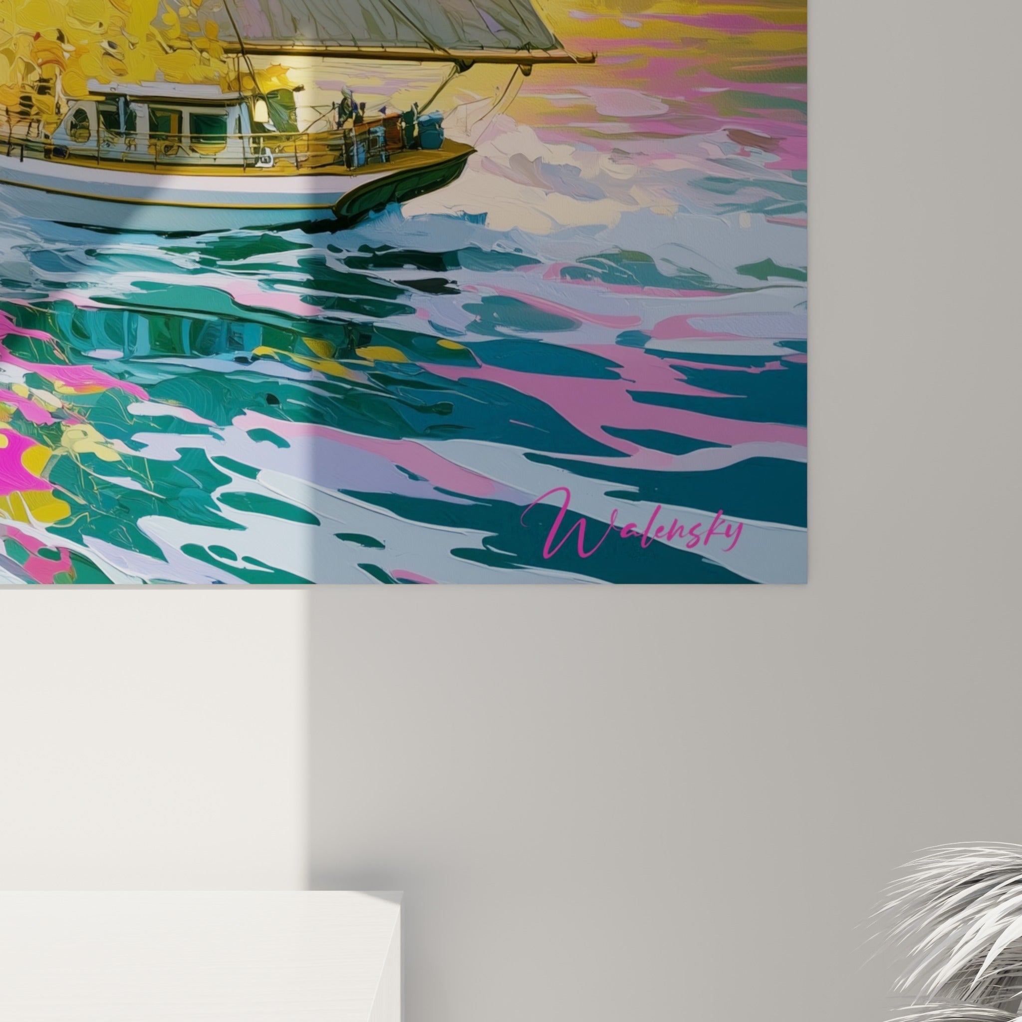 Détail des empâtements roses, orange et violets du sillage marin, tableau Bateau abstrait aux couleurs qui se fondent