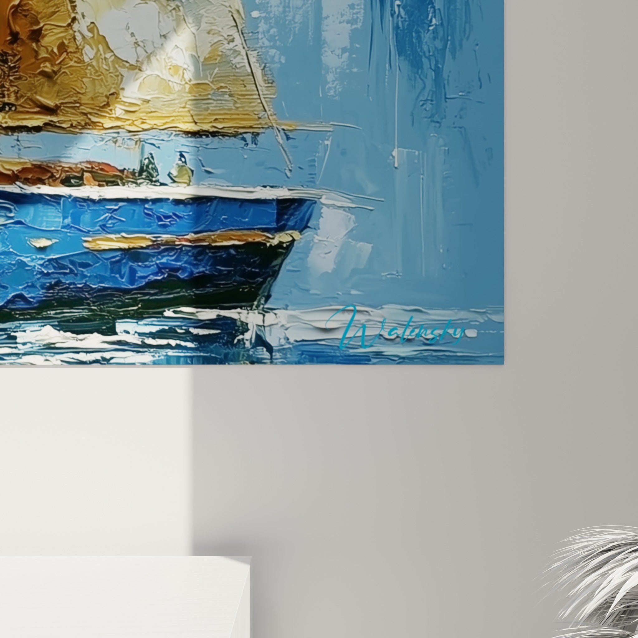 Empâtements dorés et blancs des voiles, coulures de peinture sur la coque bleu marine du voilier accroché