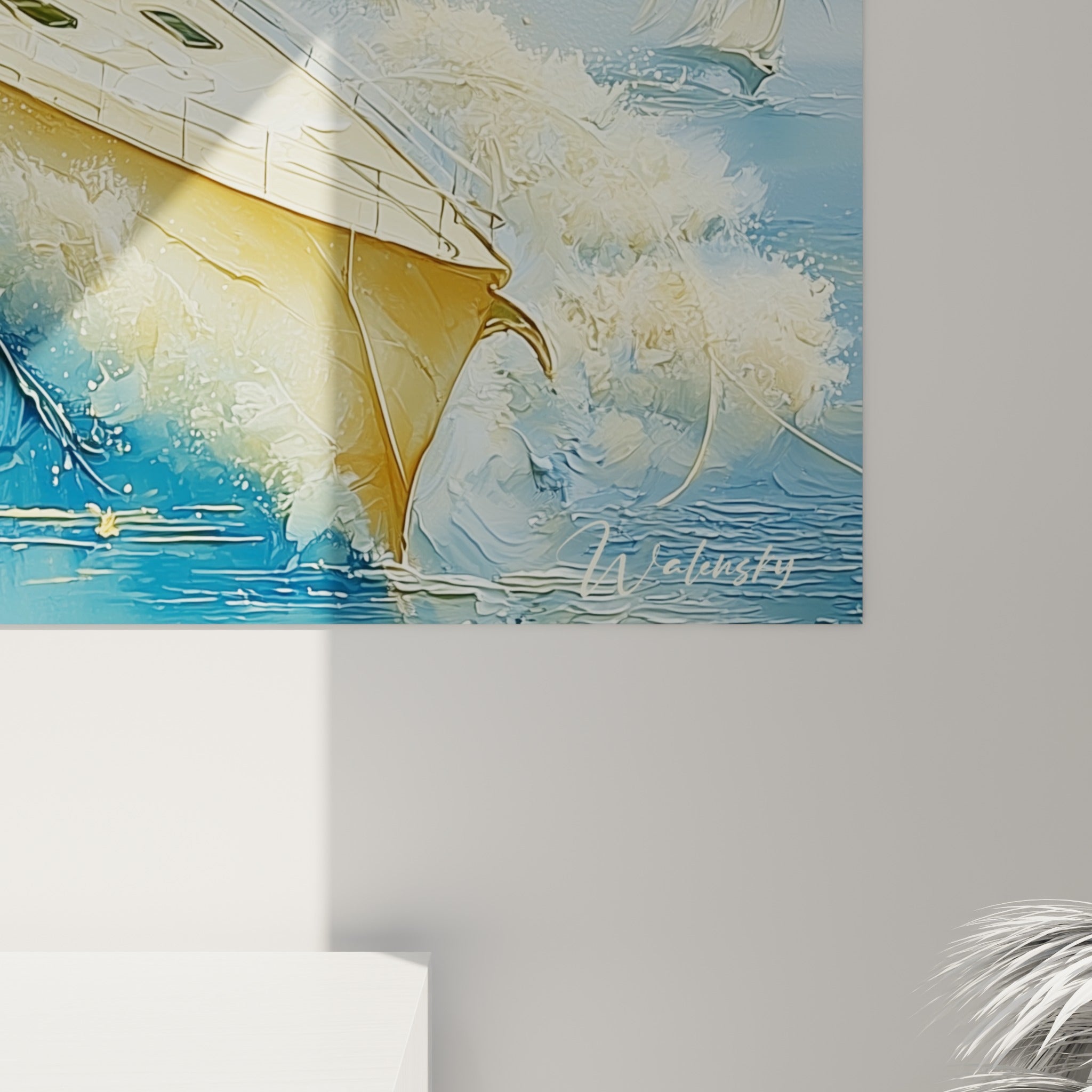 Empâtements dorés et bleu marine formant vagues et écume texturée sur ce tableau bateau abstrait