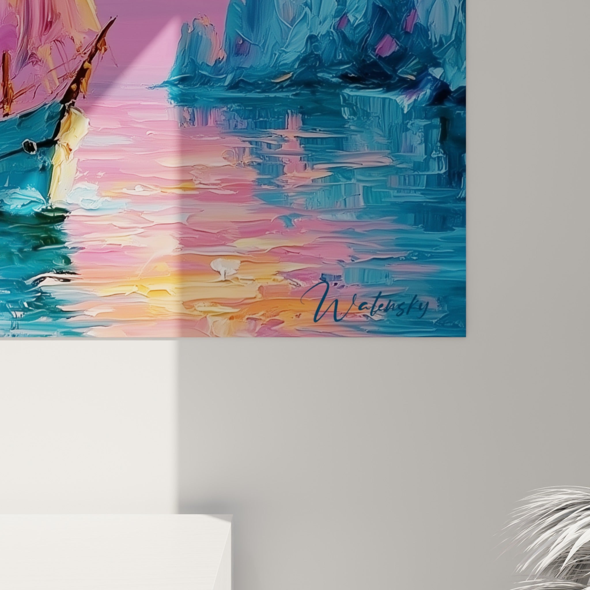 Empâtements épais roses et orangés révélant la matière du ciel et de l'eau sur ce tableau bateau abstrait
