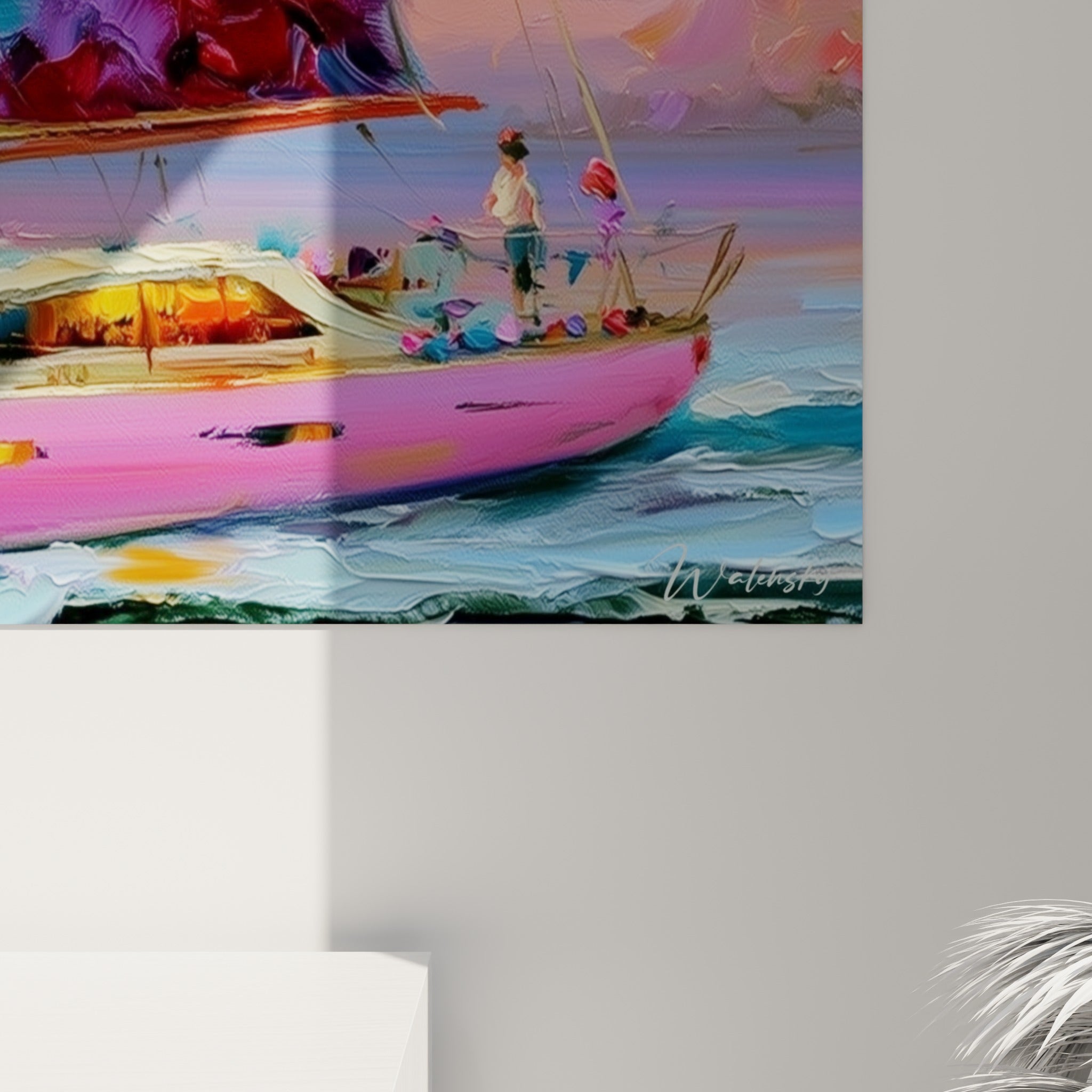 Empâtements de peinture rose et violette révélant la texture sculptée des voiles et reflets bleutés de l'eau