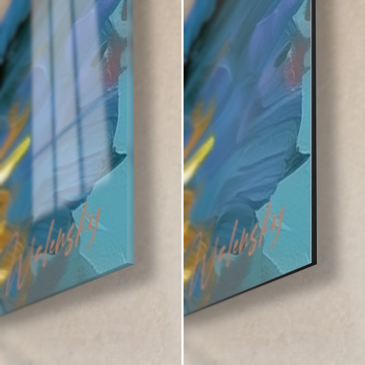 Wall art abstract boat with violet and turquoise brushstrokes, lower right corner in glossy glass and matte Dibond, 3 mm edge