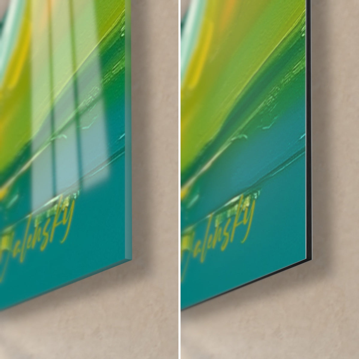 Tableau bateau rouge et jaune, coin bas droit : verre acrylique brillant à gauche, Dibond vert mat à droite, tranche de 3 mm