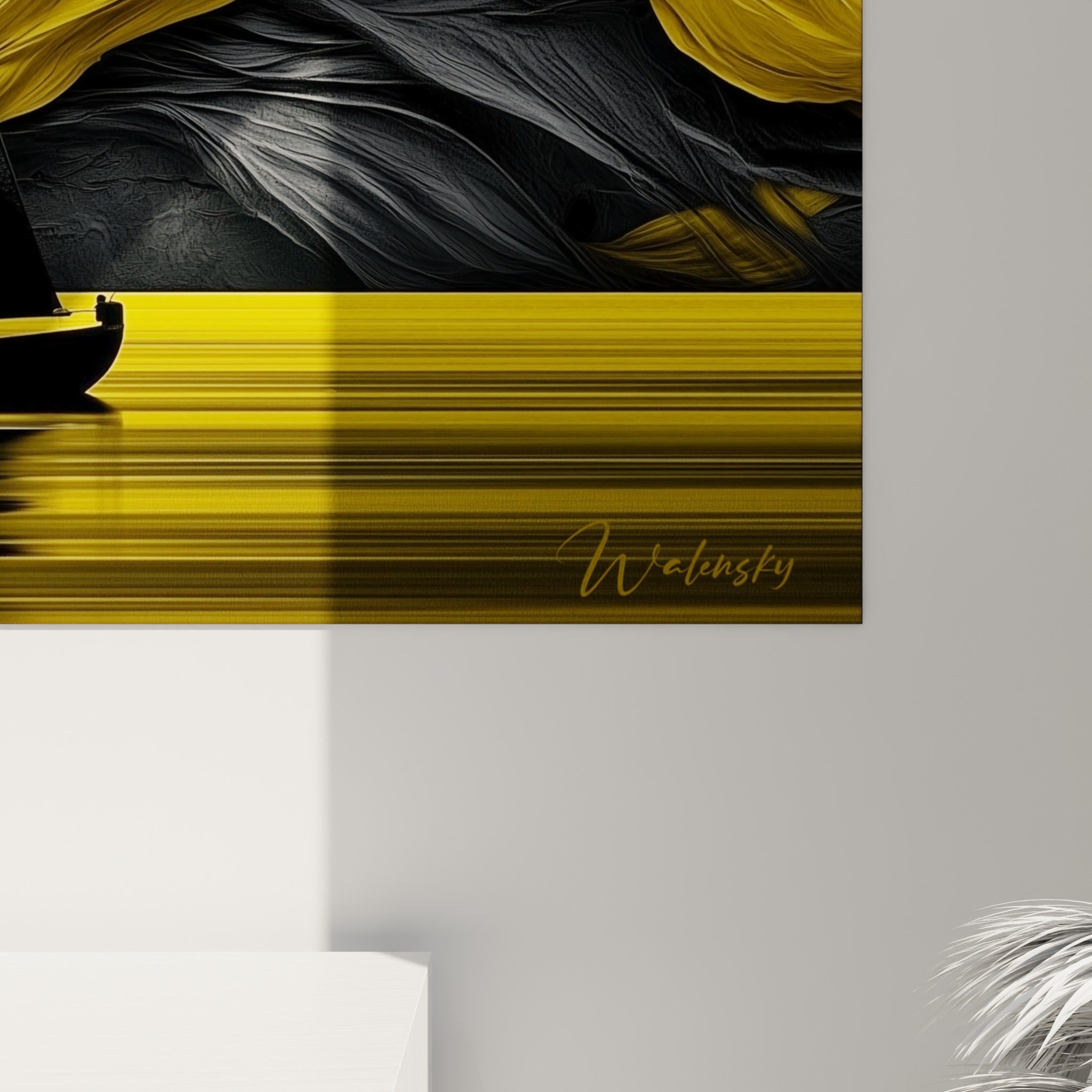 Empâtements dorés et noirs sculptant les vagues du tableau, matière texturée et reflets jaunes en gros plan