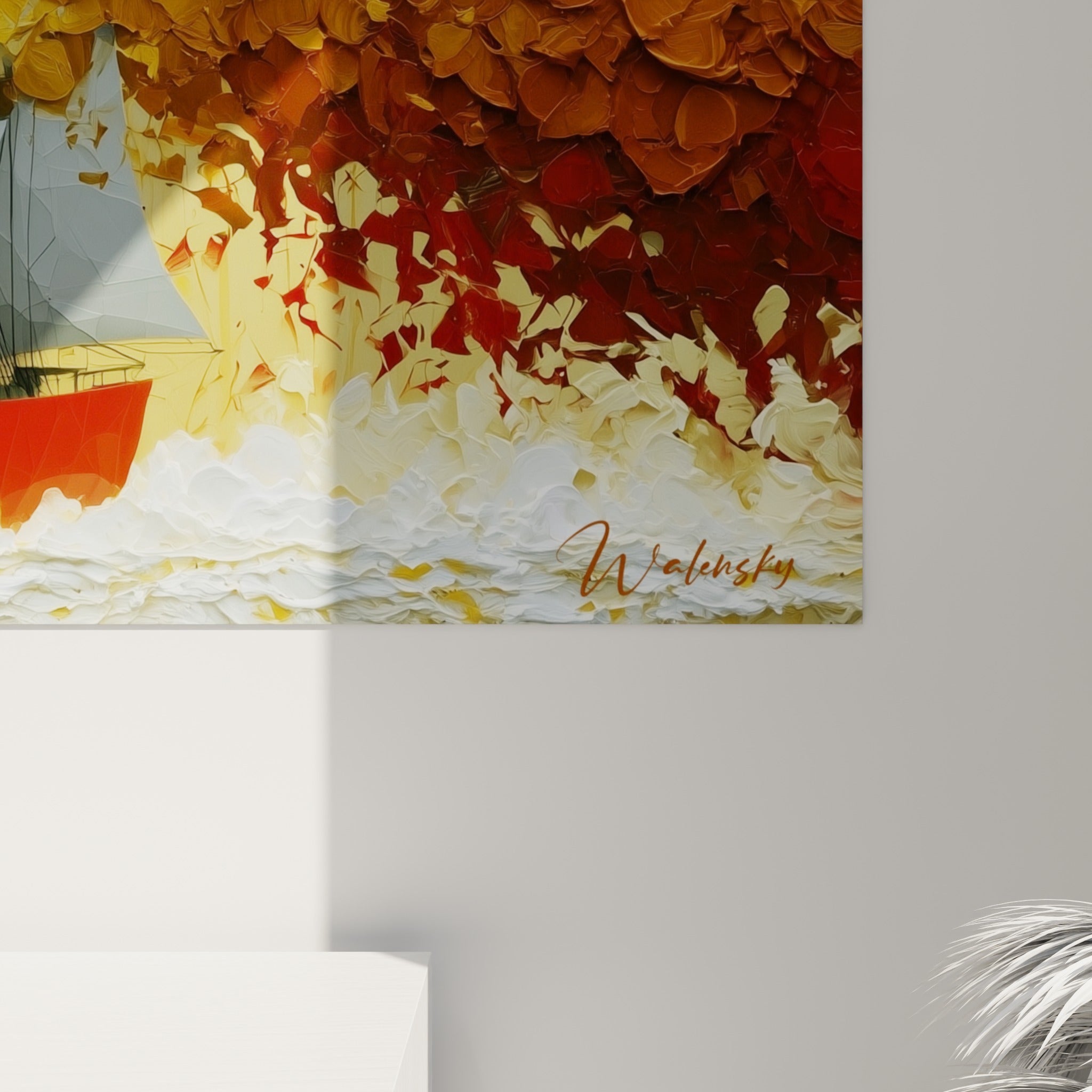 Empâtements dorés et rouges épais autour des voiles grises texturées de ce Bateau abstrait accroché au mur