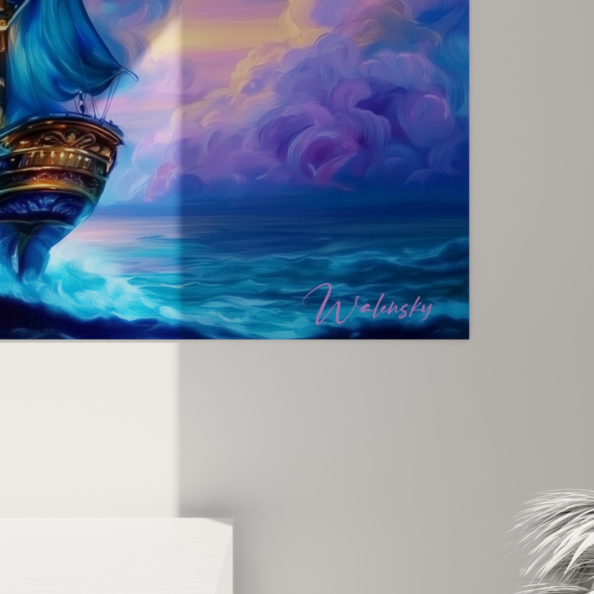 Empâtements bleus et violets se mêlant en volutes lumineuses ocre sur la toile du bateau abstrait