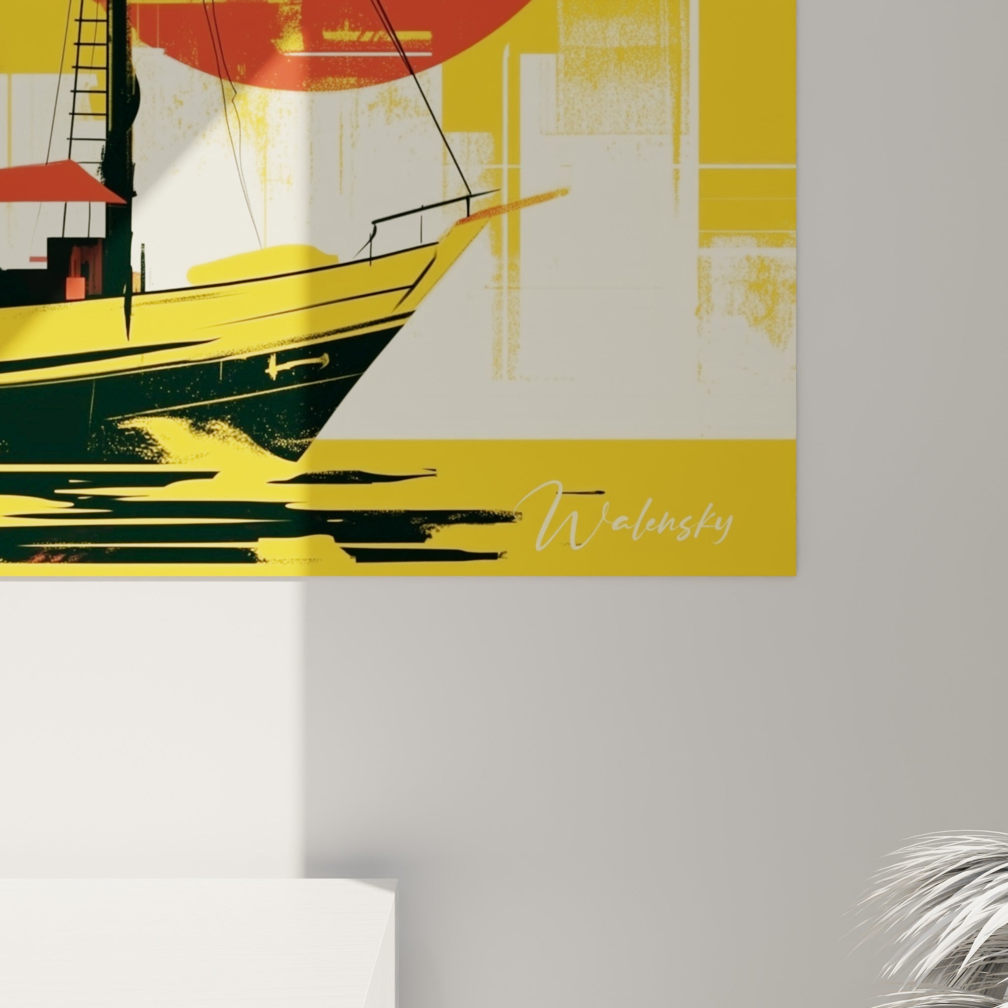 Détail du voilier noir texturé, coulures d'encre sur fond jaune et rouge, empâtements visibles sur la coque